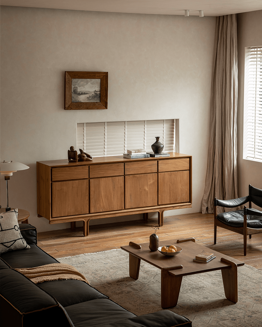 NO.44 Teak Sideboard in living room, solid teak wood buffet with ample storage, elegant design for modern interiors