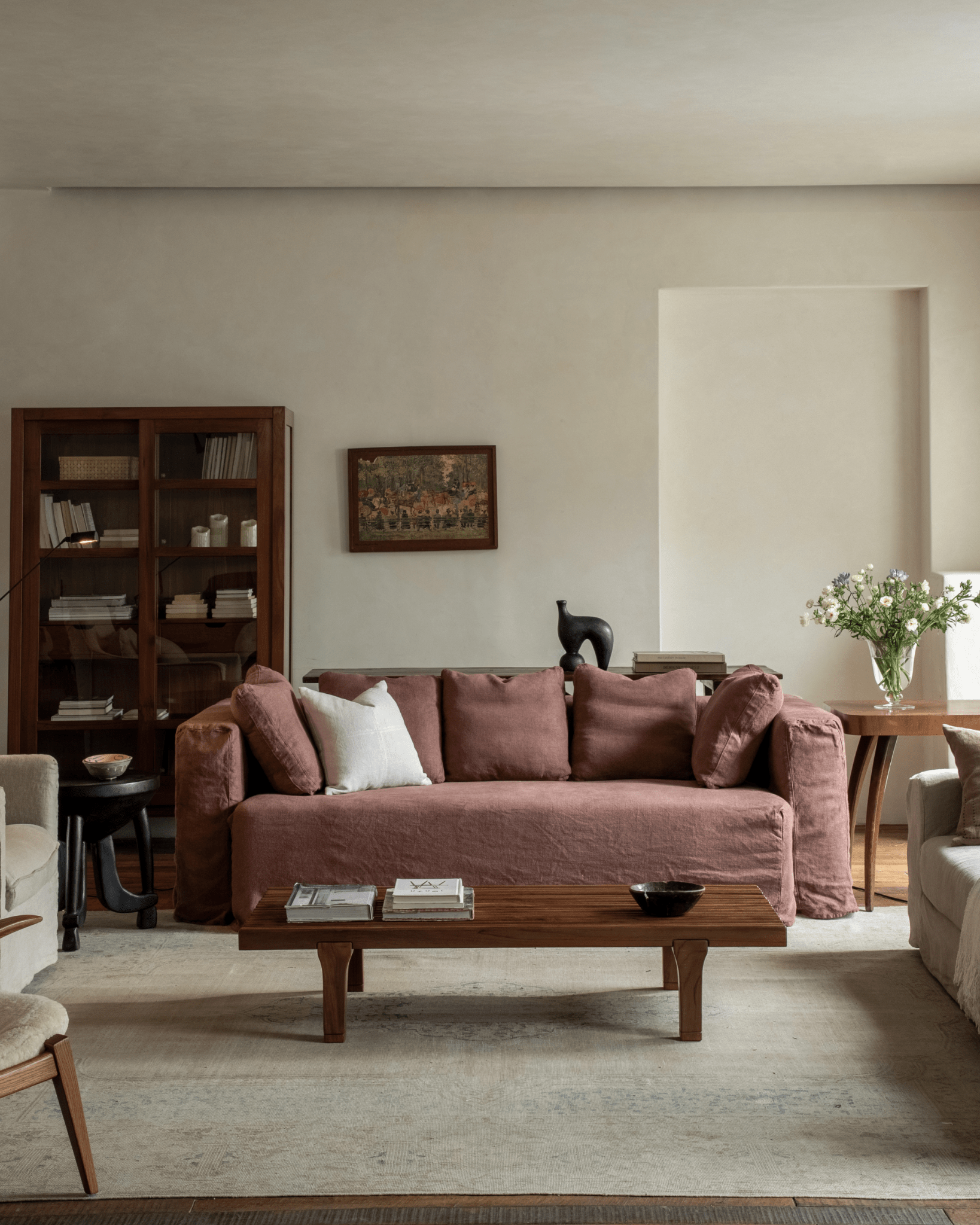 Nola Sofa in Shadow Red linen, comfortable living room design with wooden coffee table and natural decor