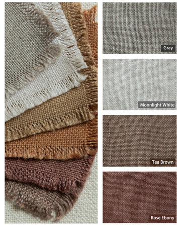 Yarn-dyed linen fabric swatches in gray, moonlight white, tea brown, and rose ebony