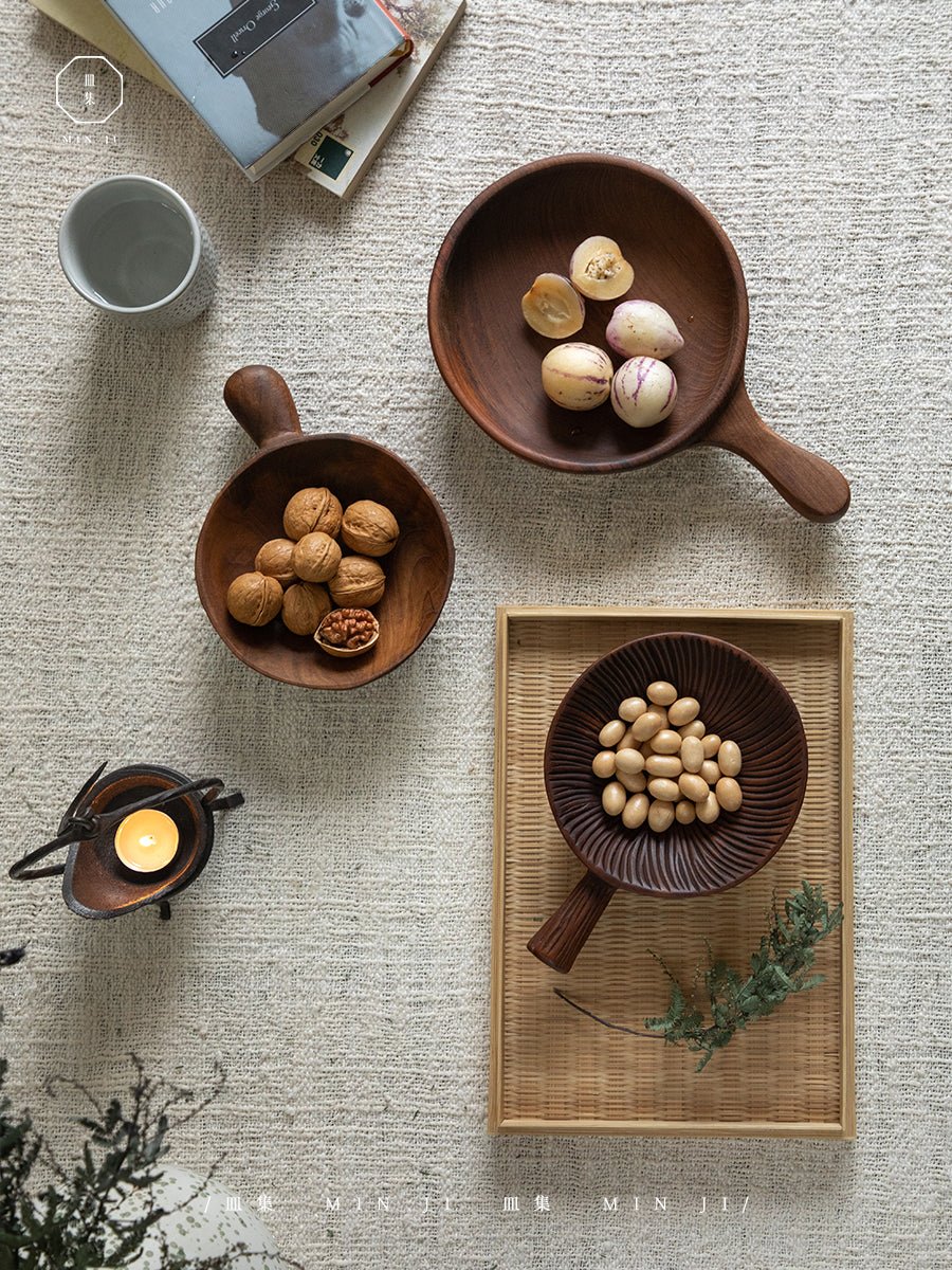 MIN JI Fany Tray Collection featuring handcrafted teak wood trays for dining presentation and decor