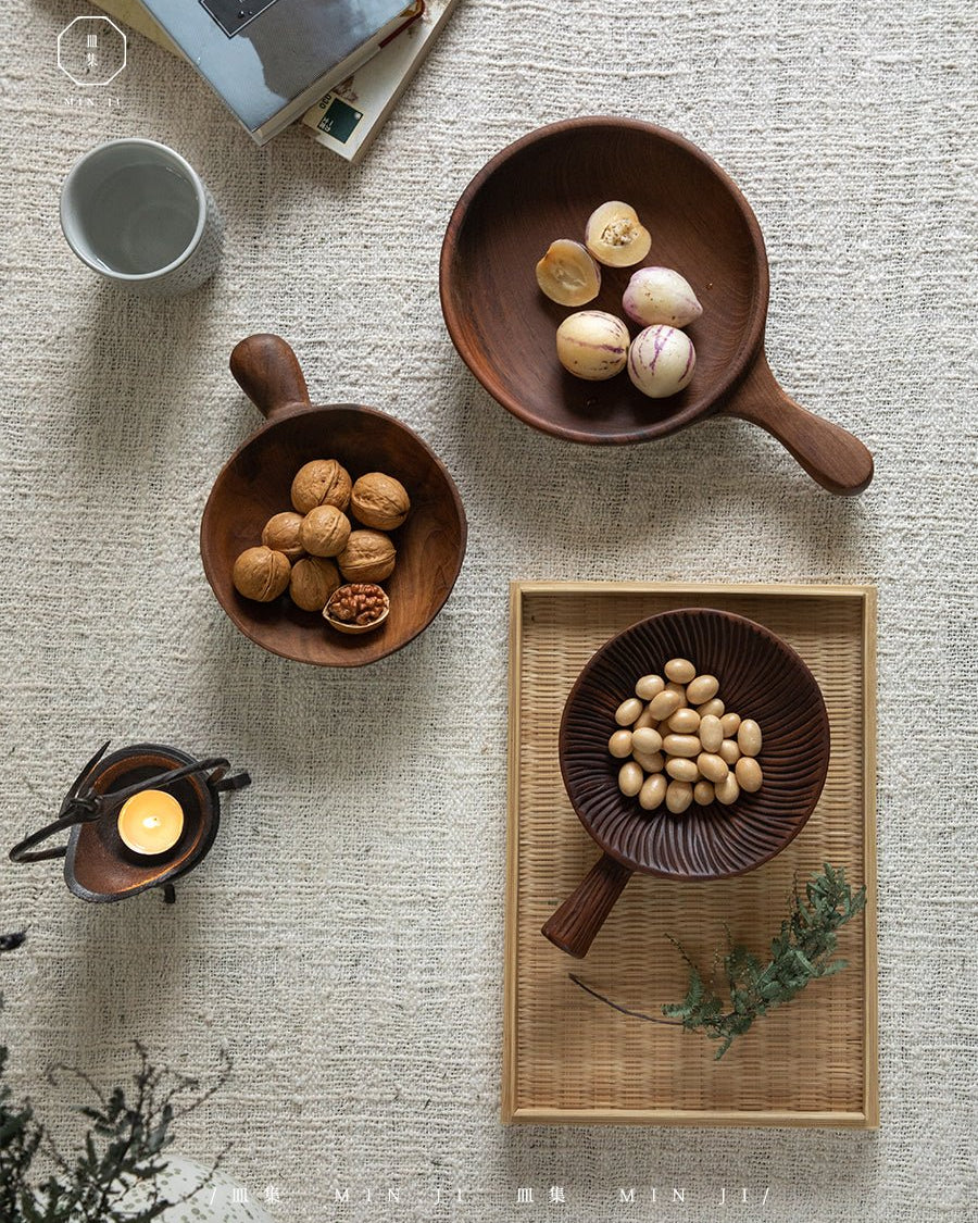 Fany Tray Rustic Artisanal Teak Wood Serving Bowls with Walnuts and Fruits