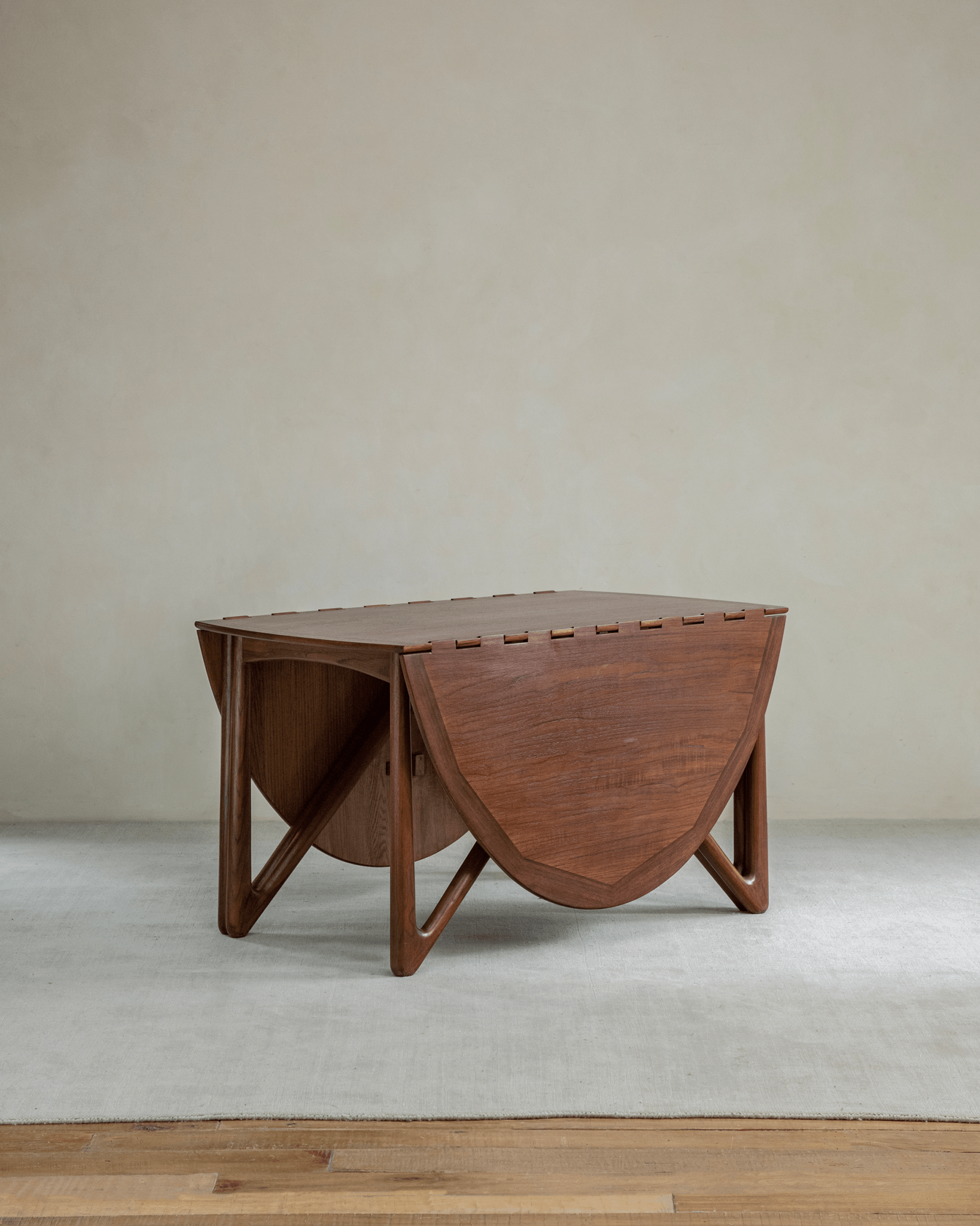 Niels Folding Table - Burmese teak wood, extended oval shape, mid-century modern design with V-shaped legs