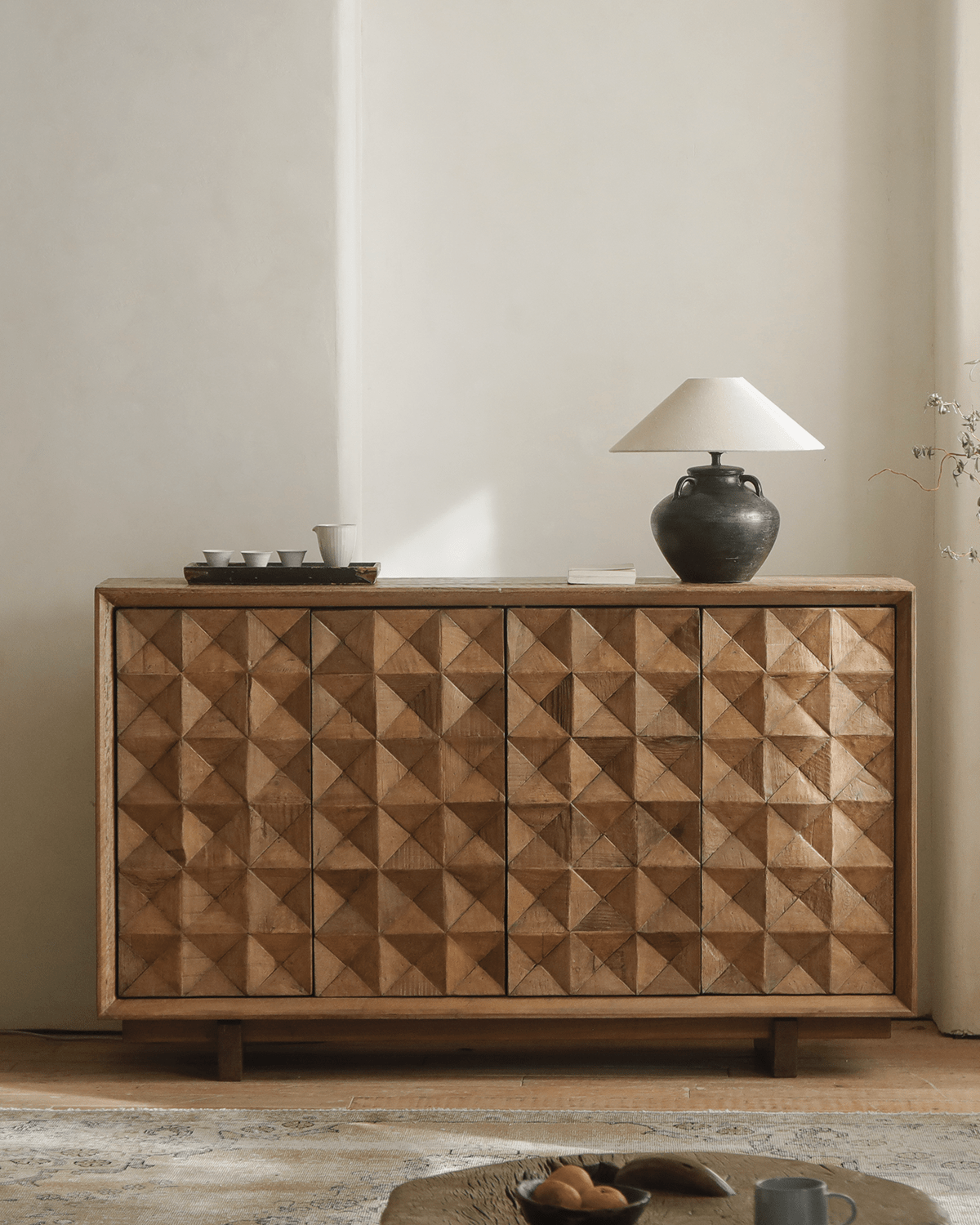 Bumpy Sideboard in reclaimed wood with a geometric pattern, perfect for living room storage.