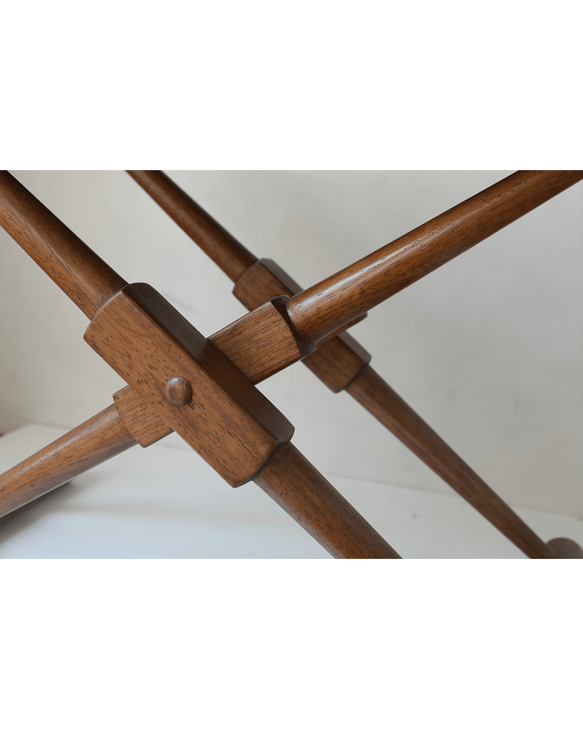 Lux Leather Stool teak wood frame detail, foldable X-shaped legs, home decor accent