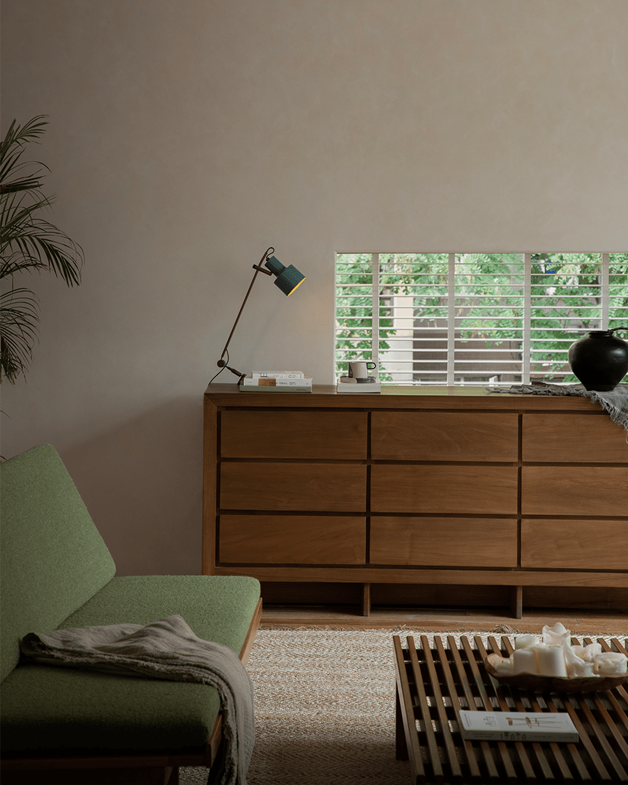 Palette Teak Sideboard in a modern interior setting, showcasing 9-drawer buffet design for ample storage.