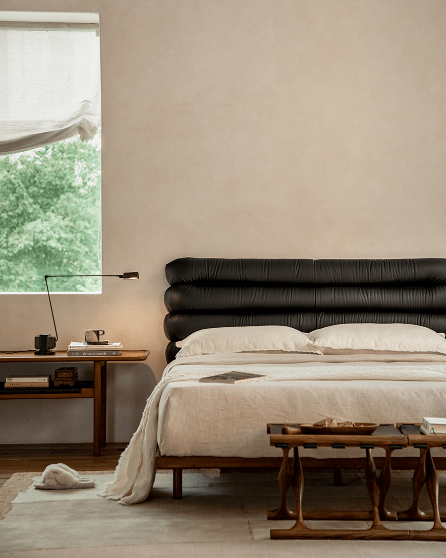 Seren Teak Leather Bed - ZM Home