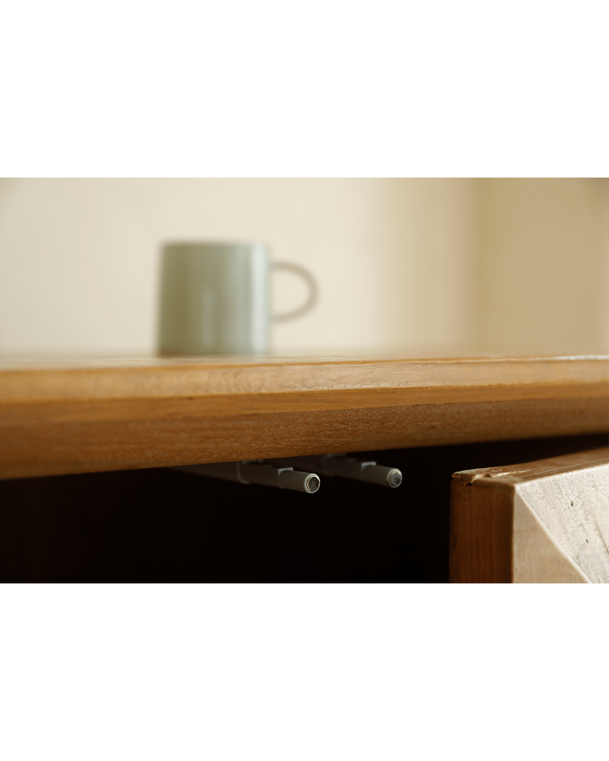 Reclaimed wood Bumpy Sideboard interior detail with mug, modern living room cabinet