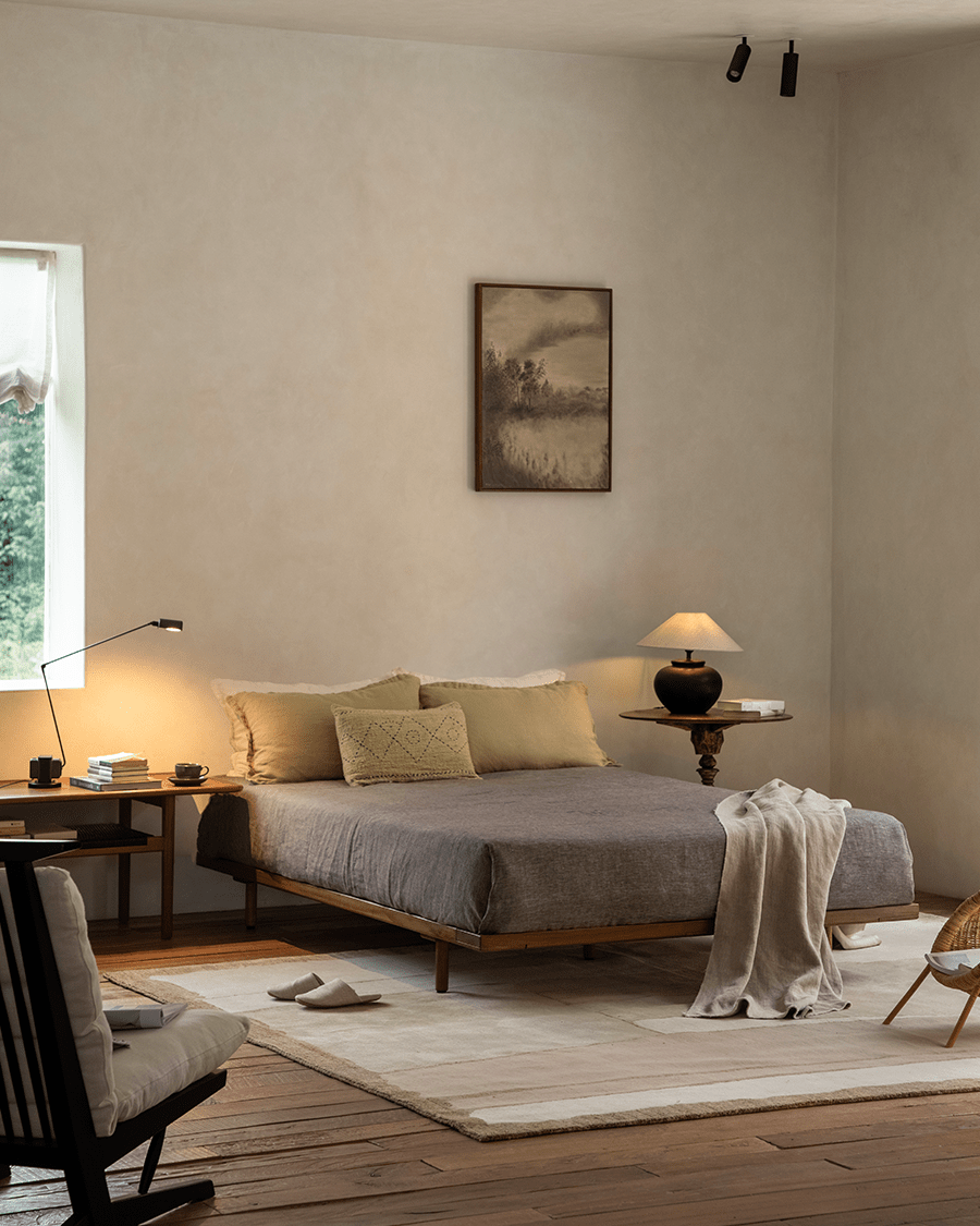 Seren Teak Linen Bed in a calming bedroom, solid teak frame, linen cover, natural light, and serene atmosphere