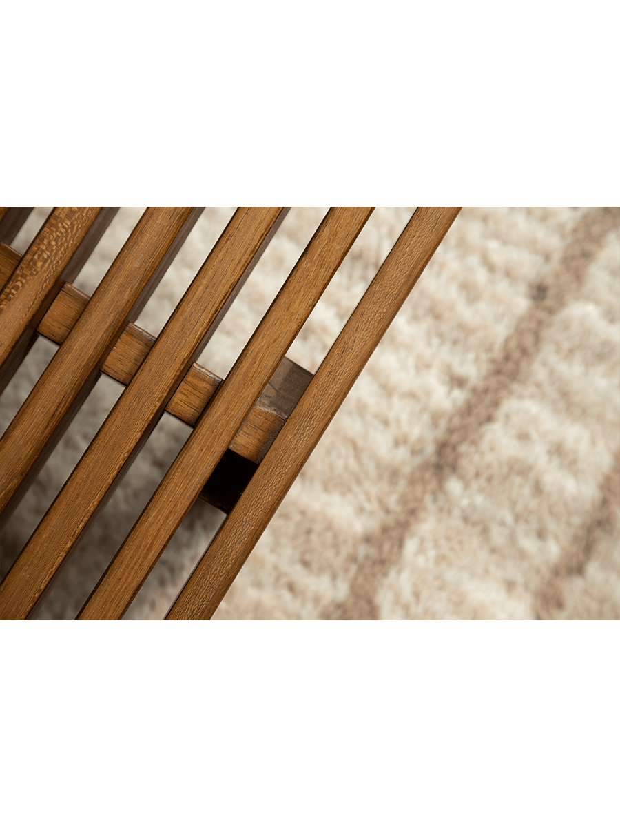 ZM Daybed Coffee Table detail: Teak wood slatted design, showcasing minimalist aesthetic and natural materials.