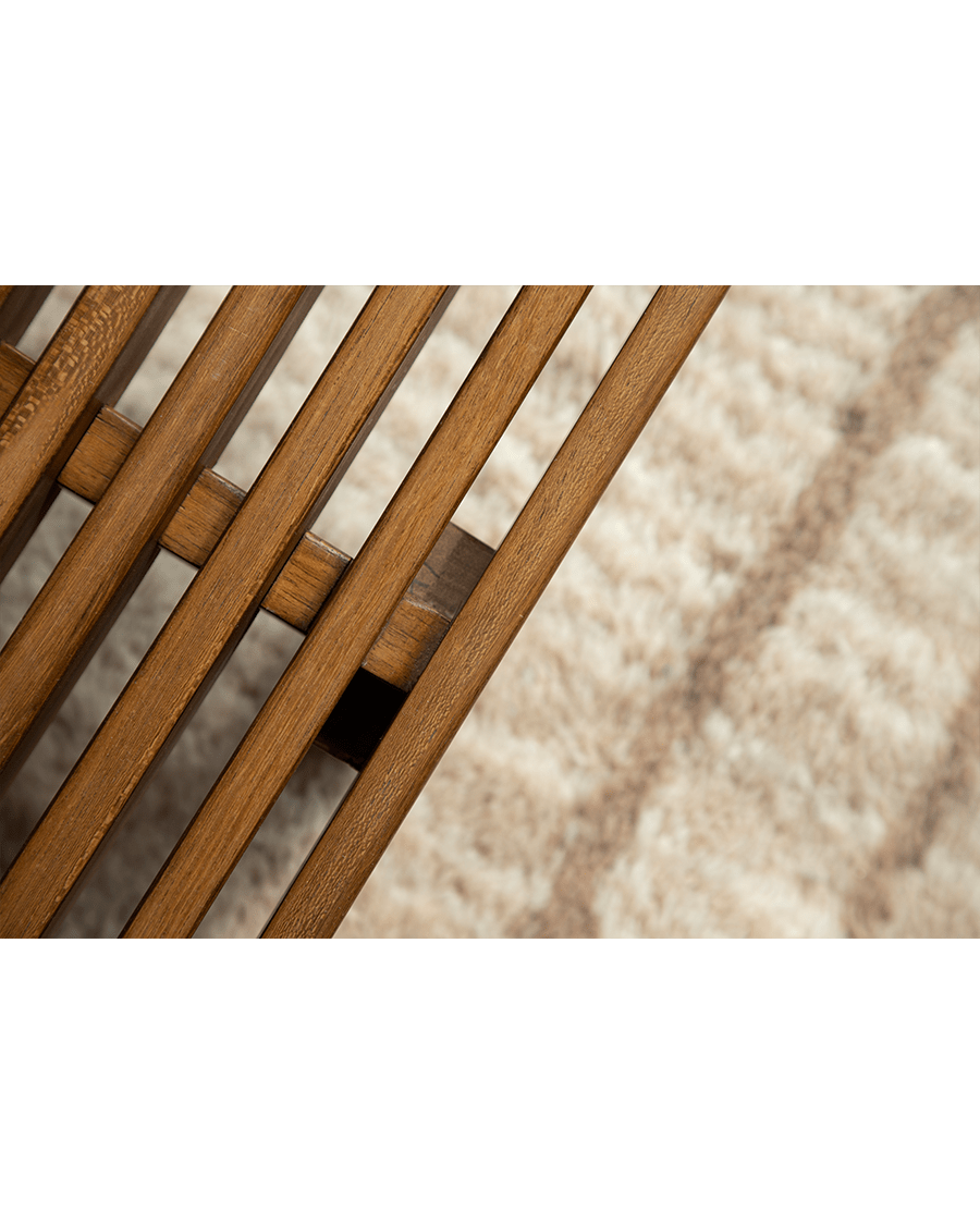 ZM Daybed Coffee Table detail: Teak wood slatted design, showcasing minimalist aesthetic and natural materials.