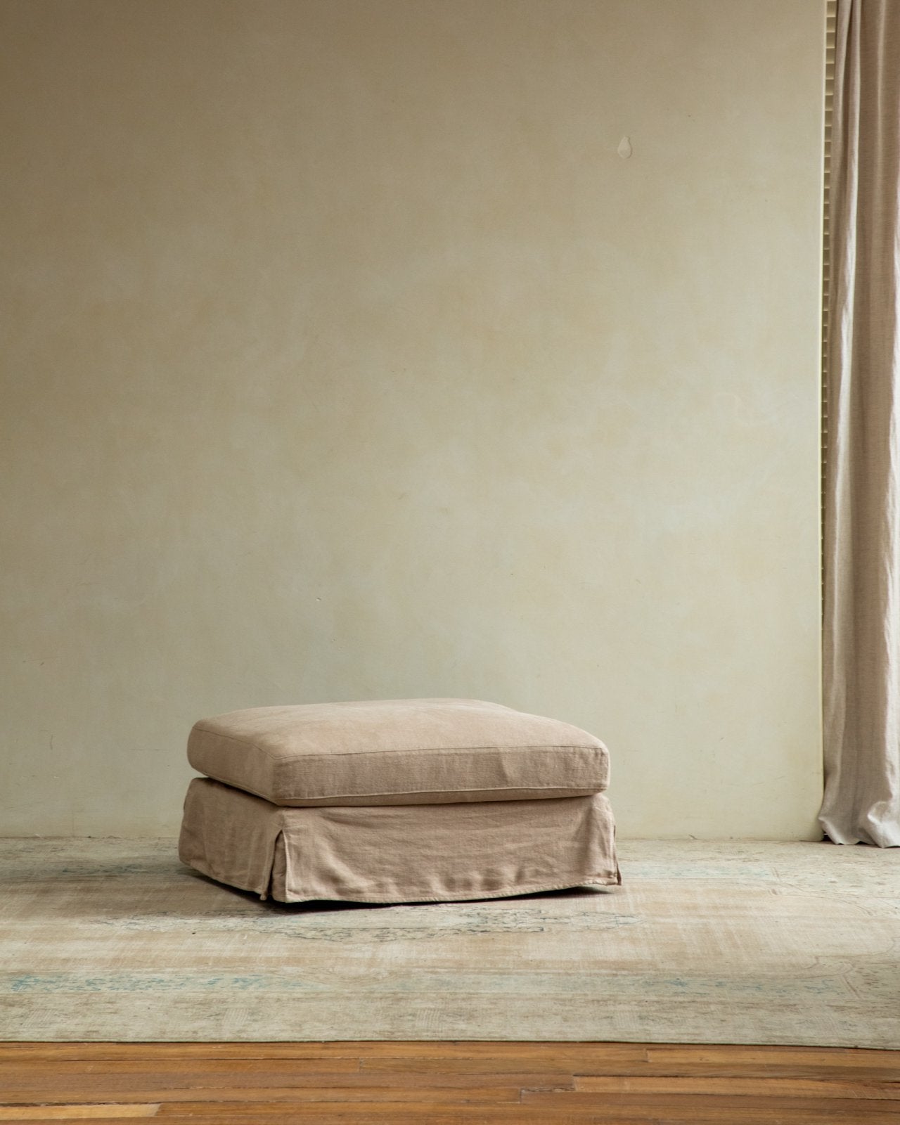 Beige linen Skirt Sectional Sofa ottoman, modular design, customizable comfort, modern living room