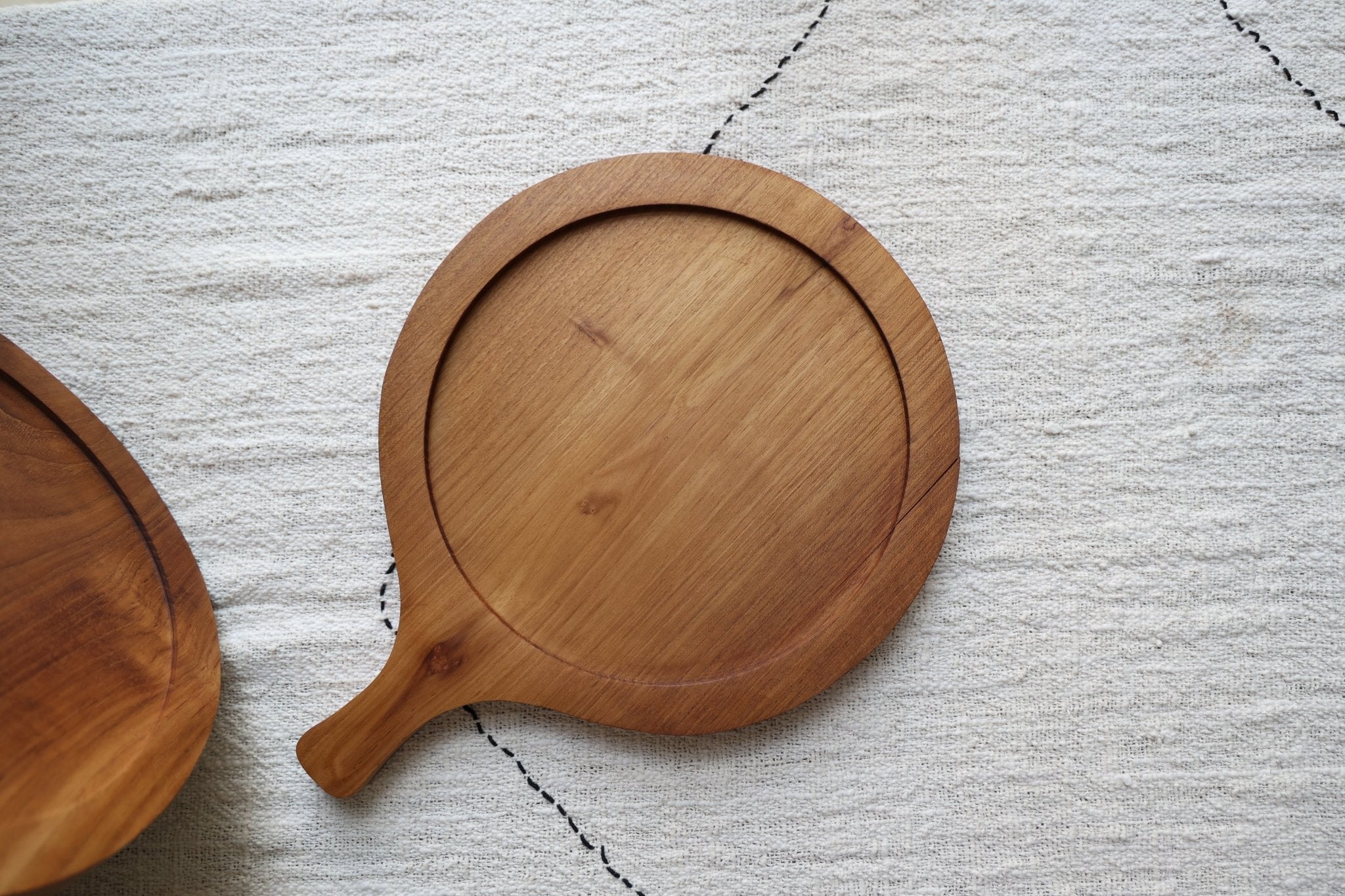 Ray Butcher Block round teak wood serving board with handle