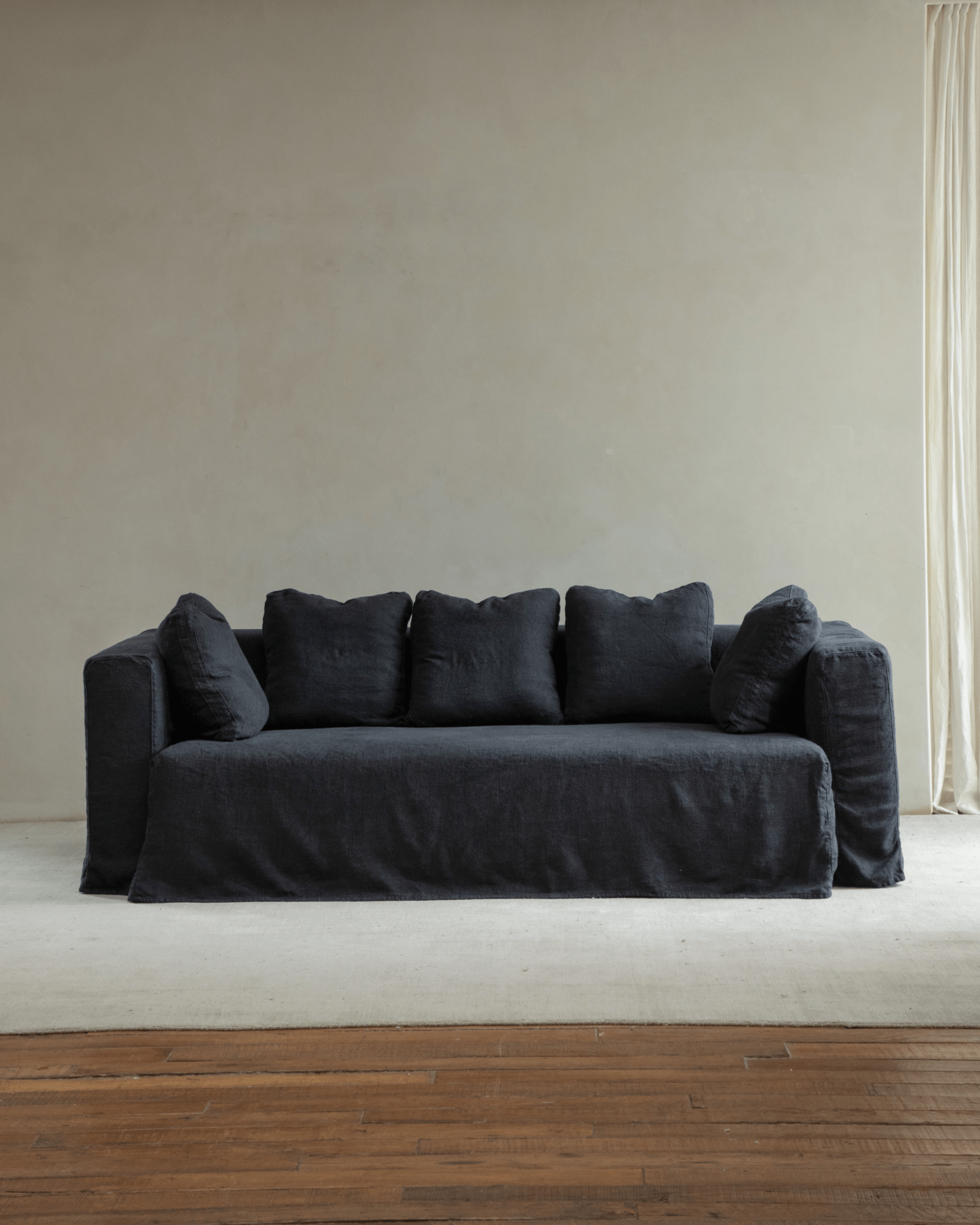 Nola Sofa in Shadow Black linen, minimalist design, soft linen, comfortable, stylish living room