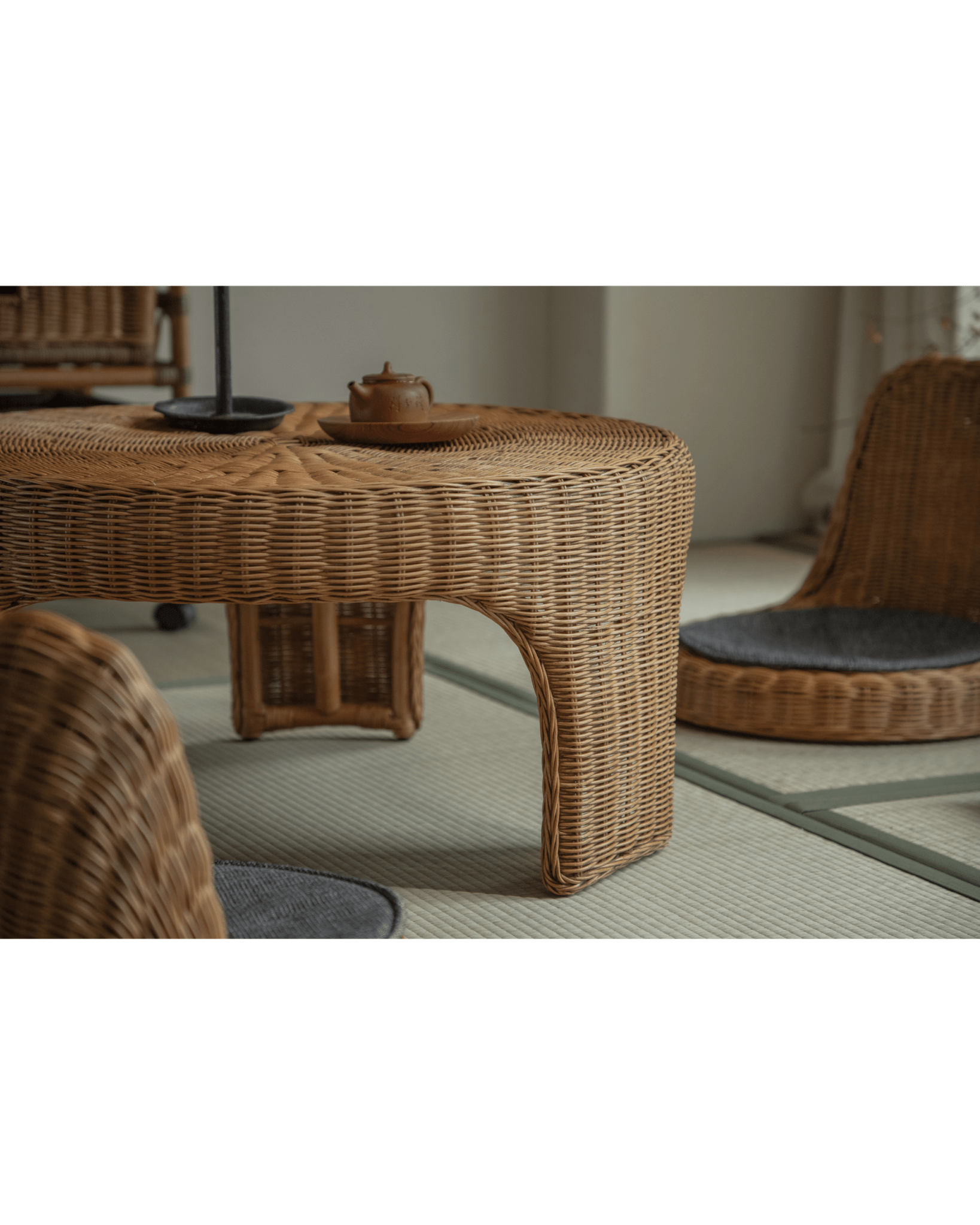 Lotus Tatami Set - Handwoven rattan tea table and chair set, zen tea room ambiance, natural rattan