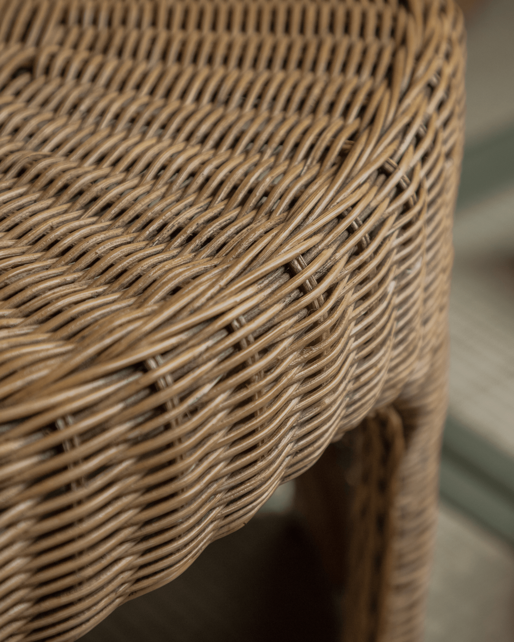 Lotus Tatami Set detail: Handwoven rattan, close-up view of chair or table corner, zen aesthetic