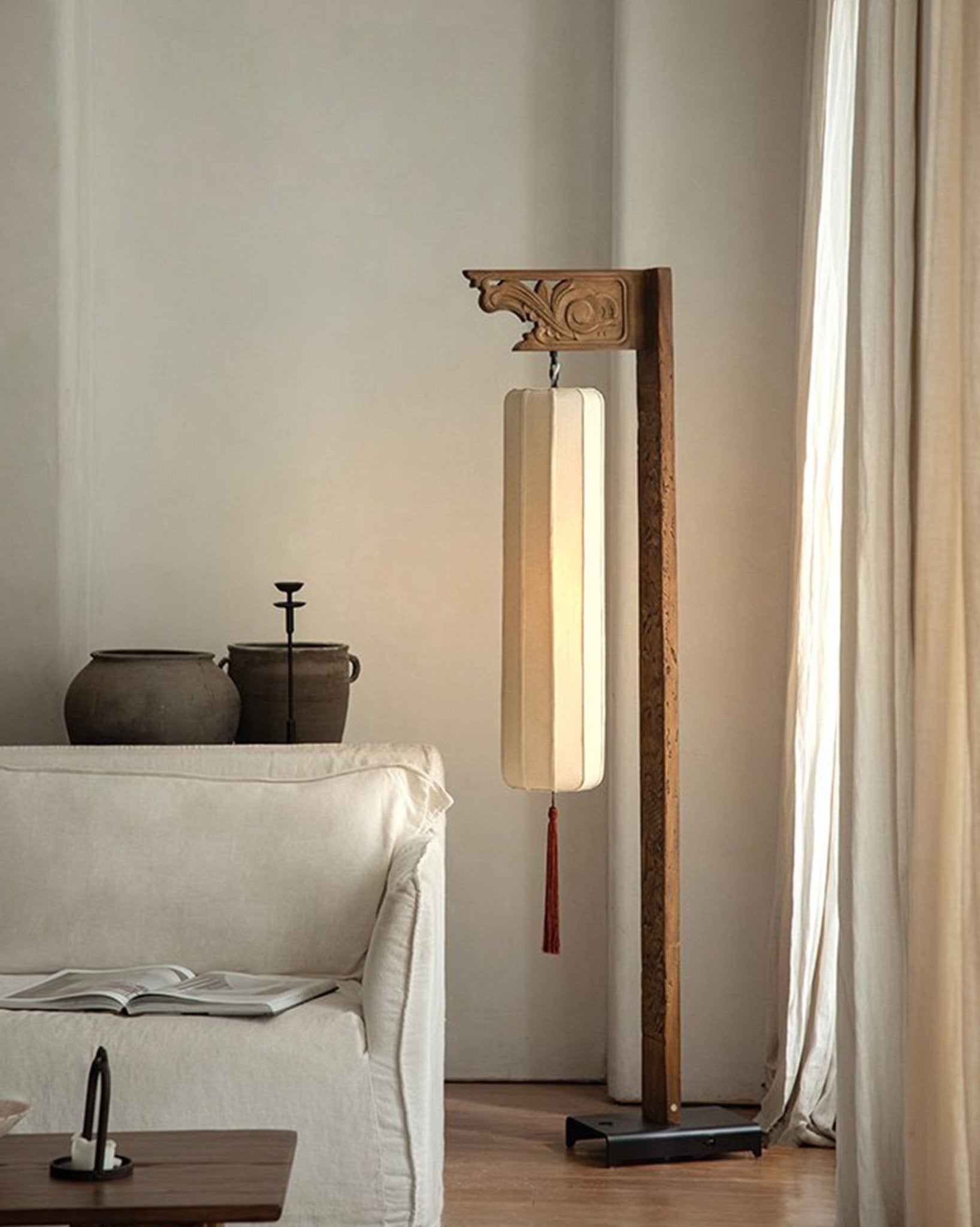 Chinese floor lamp with a fabric shade and carved wooden frame, oriental style home decor