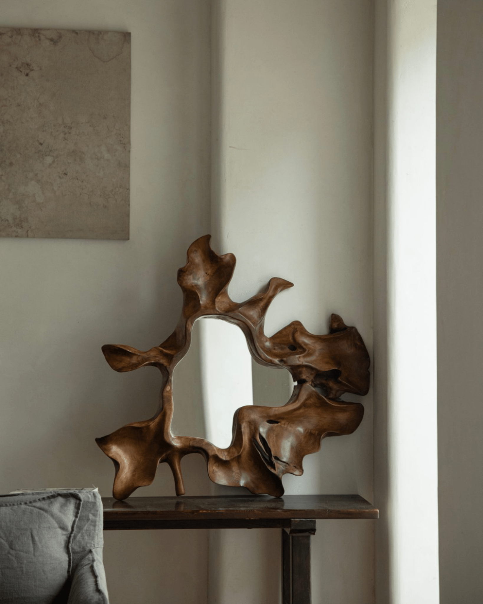 Organic Wood Arbor Mirror, natural wood finish, modern wall decor, handcrafted design.