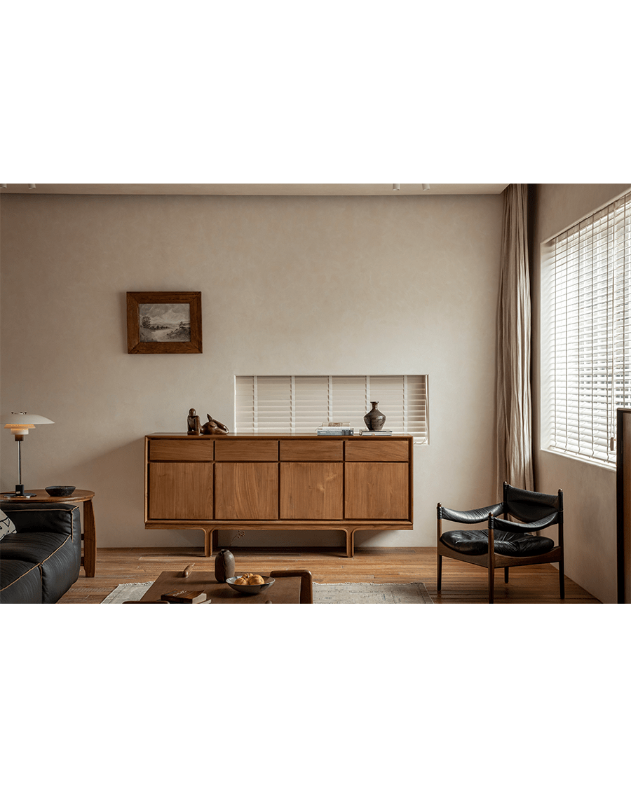 NO.44 Teak Sideboard in a living room setting, elegant solid teak wood buffet with ample storage
