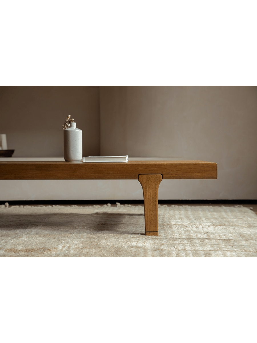ZM Daybed Coffee Table detail, teak wood with stylish legs, minimalist design for modern living room.