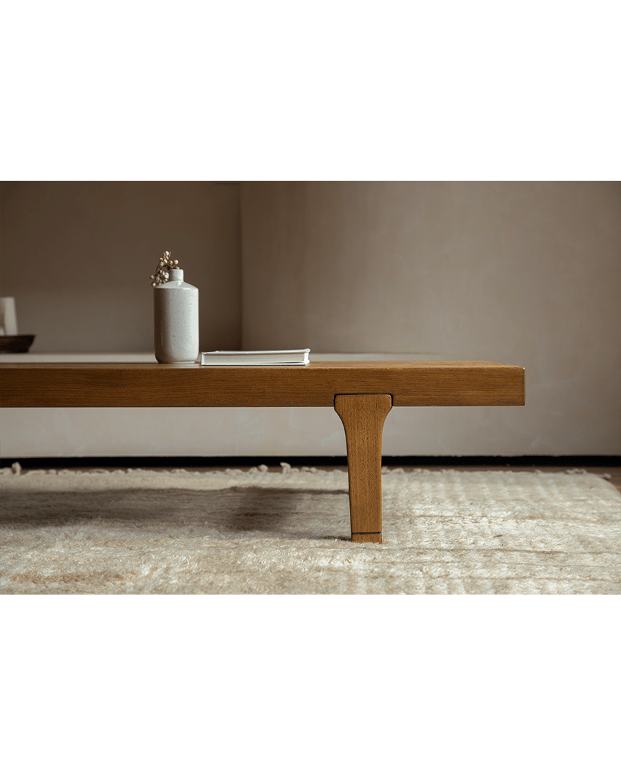 ZM Daybed Coffee Table detail, teak wood with stylish legs, minimalist design for modern living room.