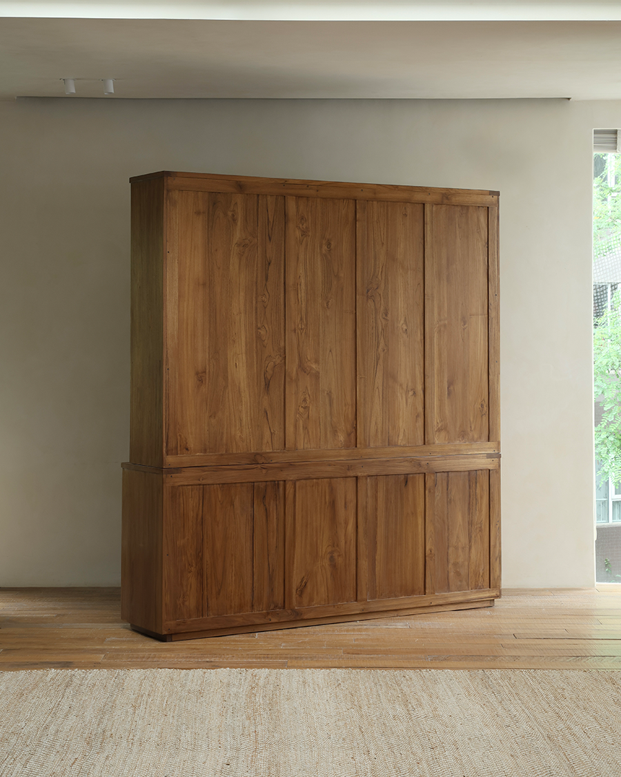 Teak wood glass front bookcase, elegant display cabinet for living room storage