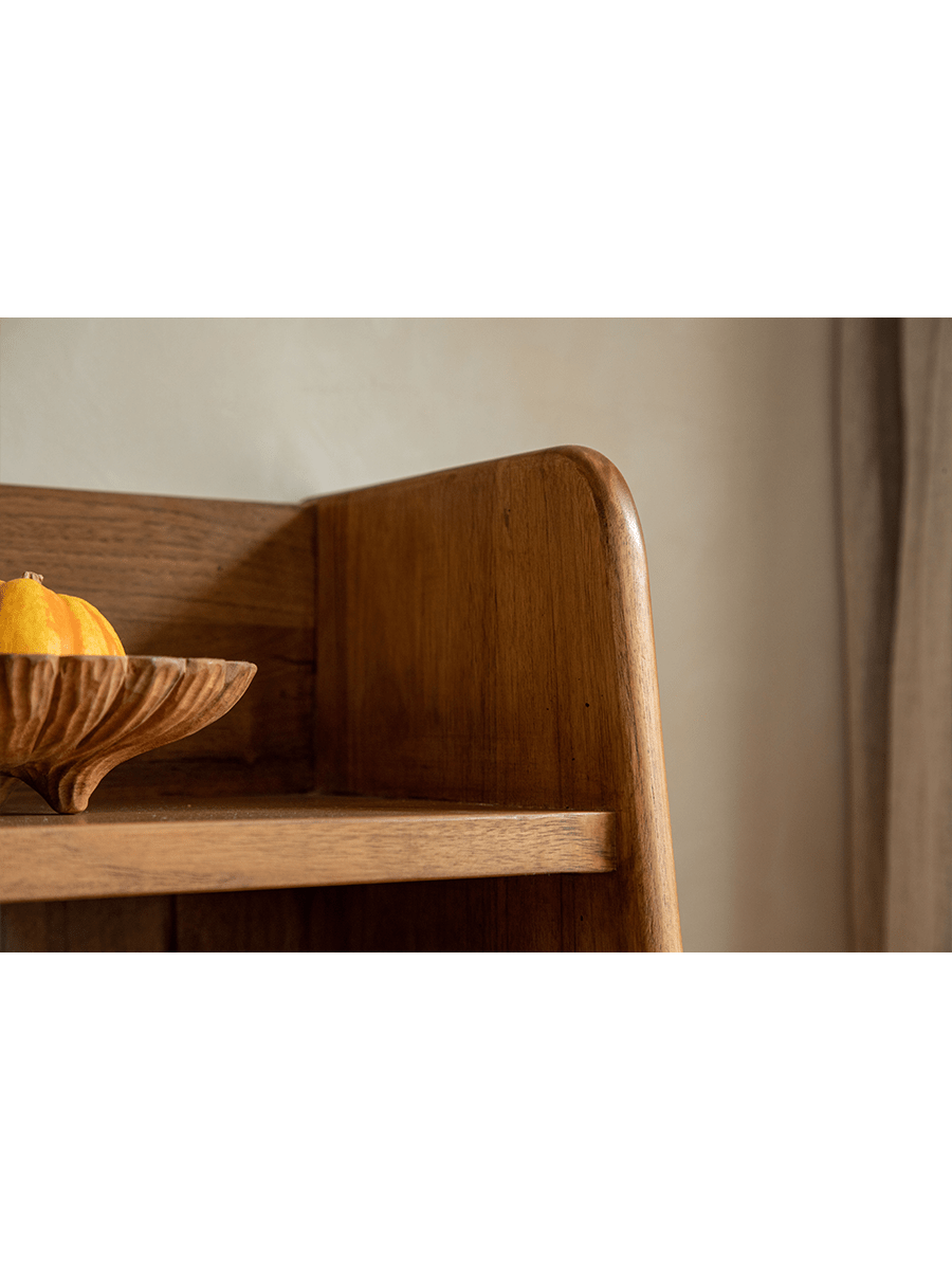 Lidi Display Cabinet detail - Teak wood shelf with decorative wooden bowl