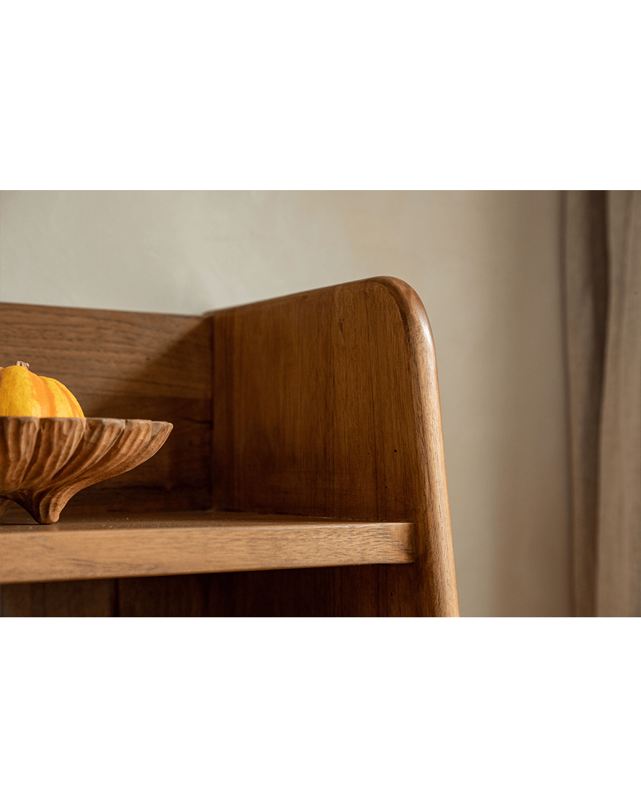 Lidi Display Cabinet detail - Teak wood shelf with decorative wooden bowl