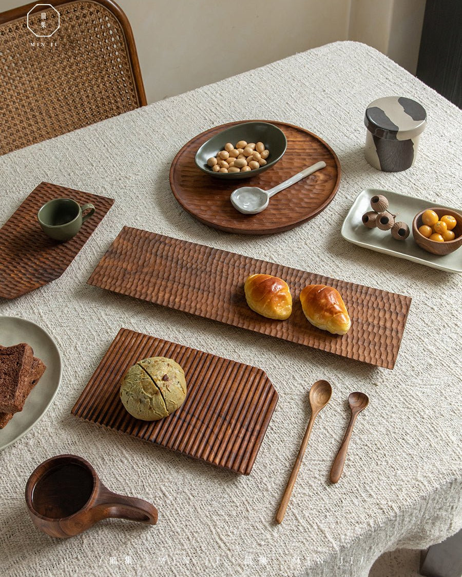 Handcrafted teak wood serving trays with food, artisan design for serving and display, elegant style, Crafted All Tray
