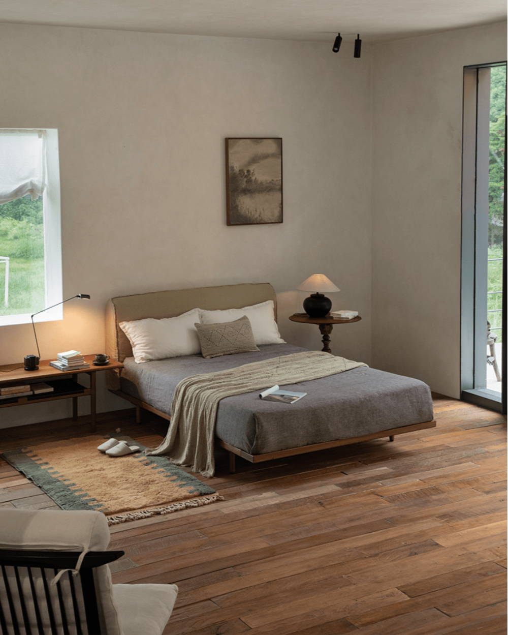 Seren Teak Linen Bed in modern rustic bedroom, solid teak frame, linen headboard, natural light and serene atmosphere
