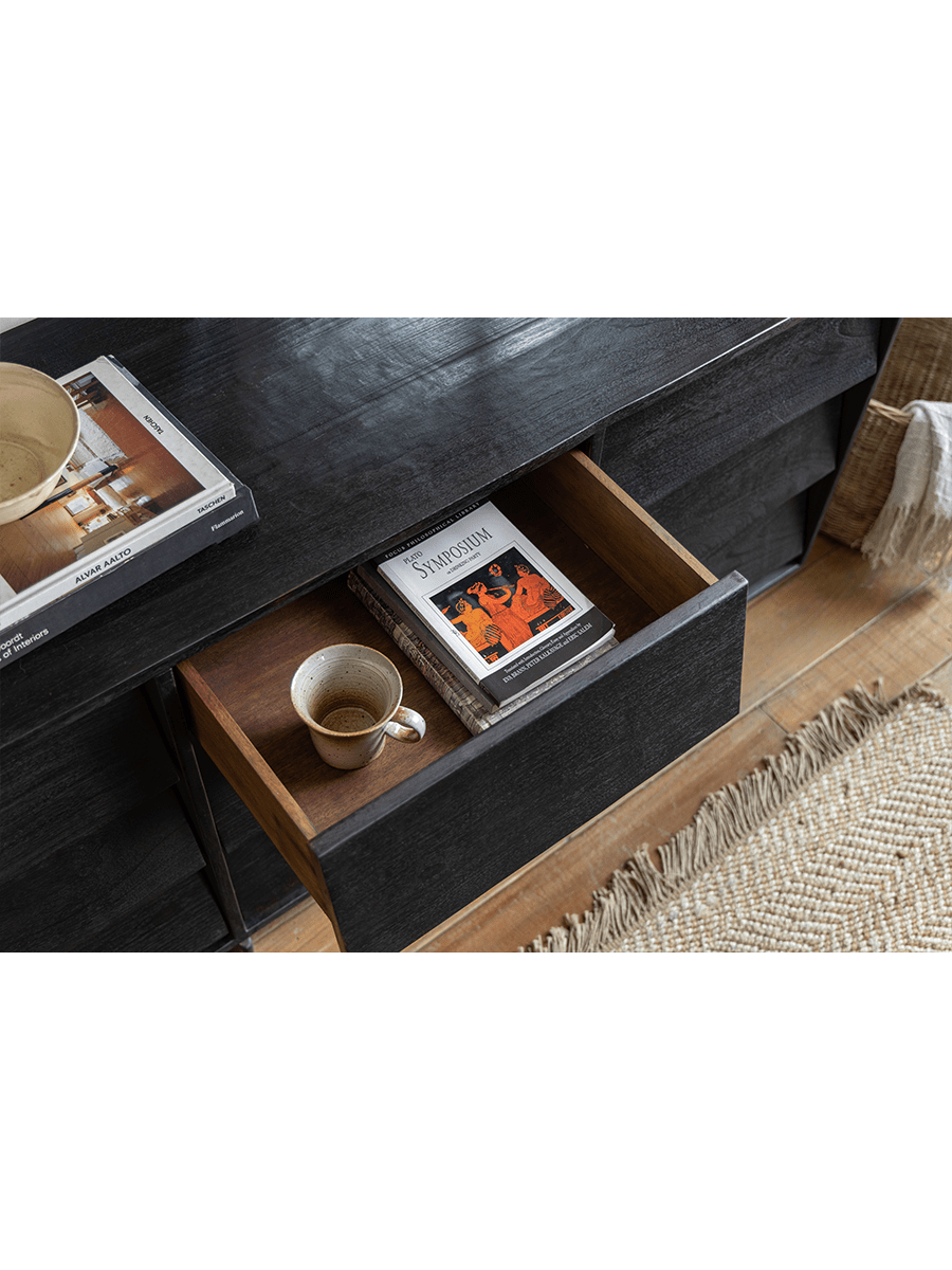 NO.9 Sideboard detail: Open drawer showing reclaimed wood grain, books, and a cup in minimalist living room setting