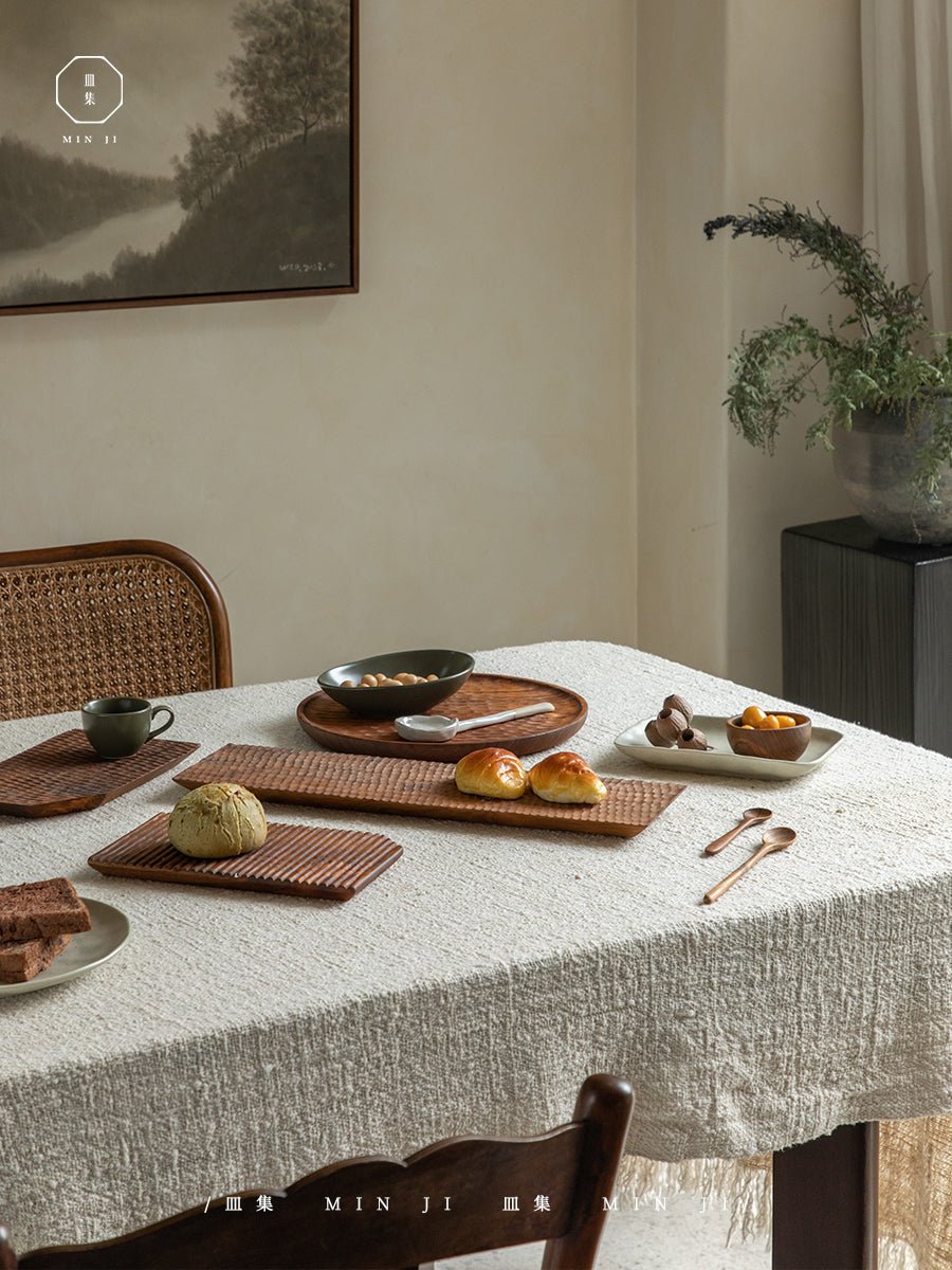 Handcrafted teak wood serving trays with food display, elegant artisan design, MIN JI brand