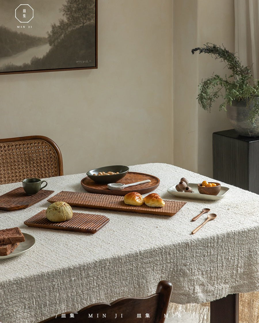 Handcrafted teak wood serving trays with food display, elegant artisan design, MIN JI brand