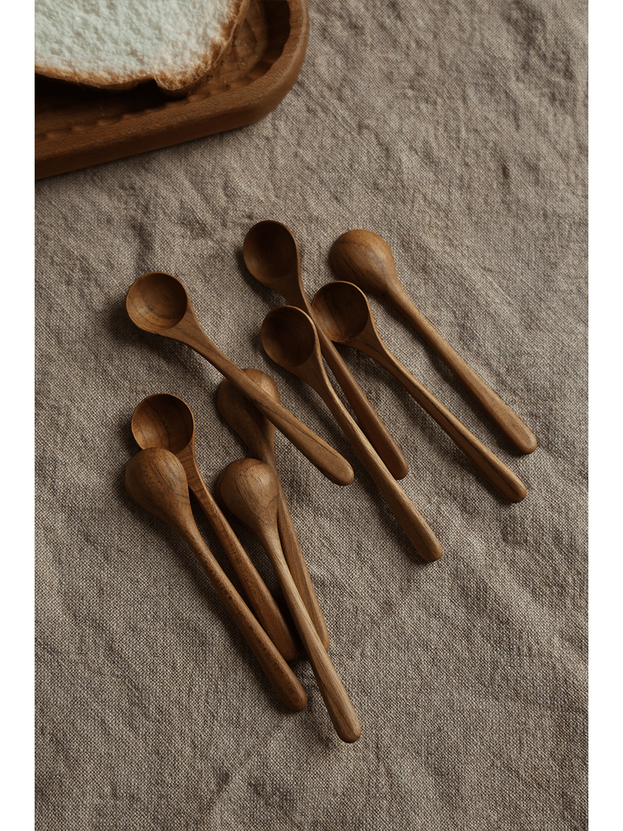 Set of wooden table spoons on beige linen fabric. Natural wood finish, Table Spoon*4PCS.