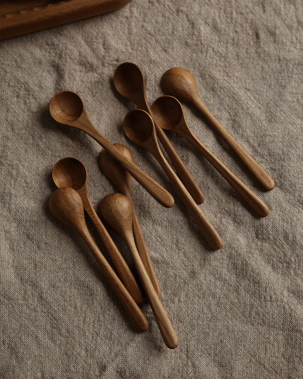Set of wooden table spoons on beige linen fabric. Natural wood finish, Table Spoon*4PCS.