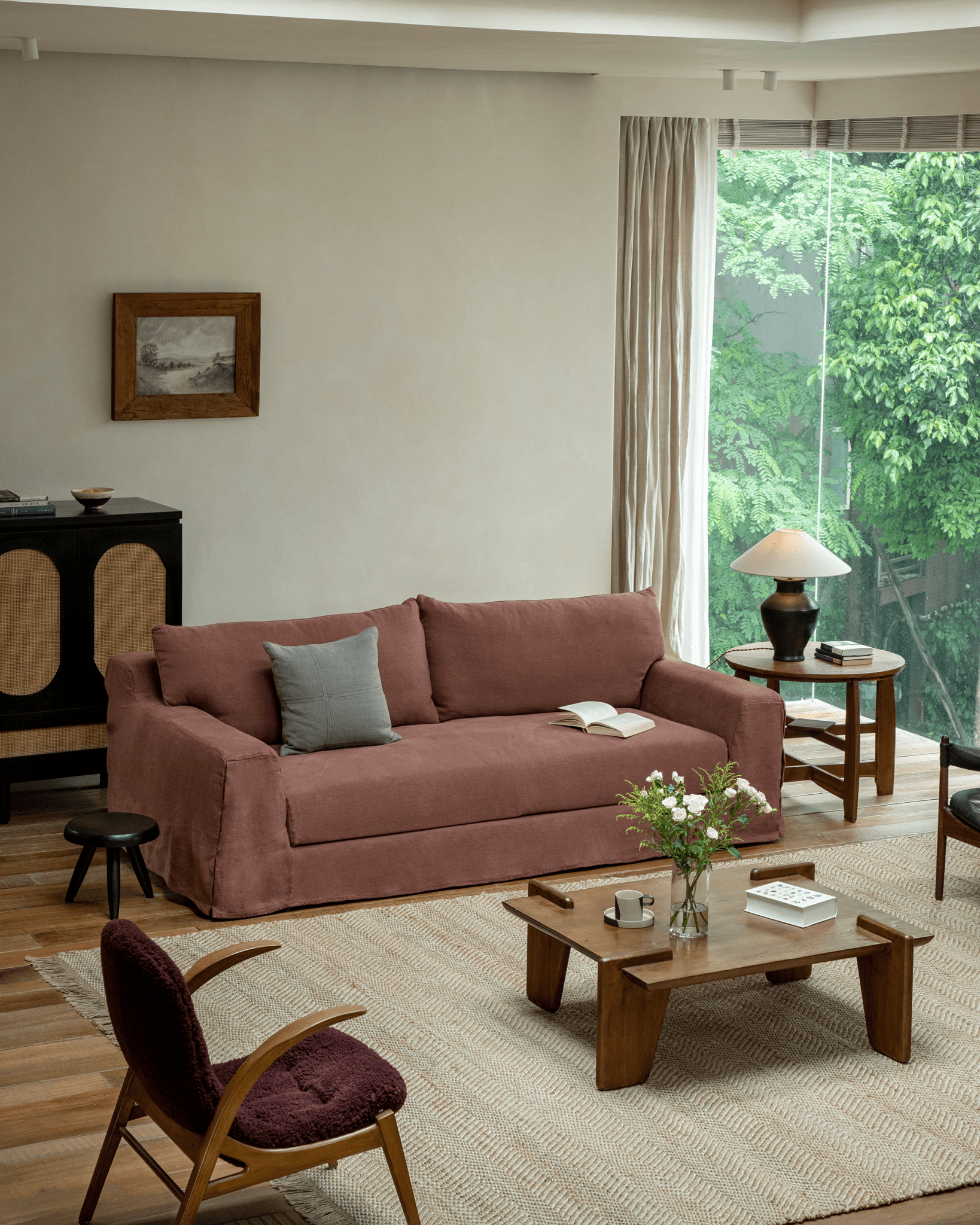 Terracotta Guni Linen Sofa in a cozy living room, featuring linen fabric and natural design