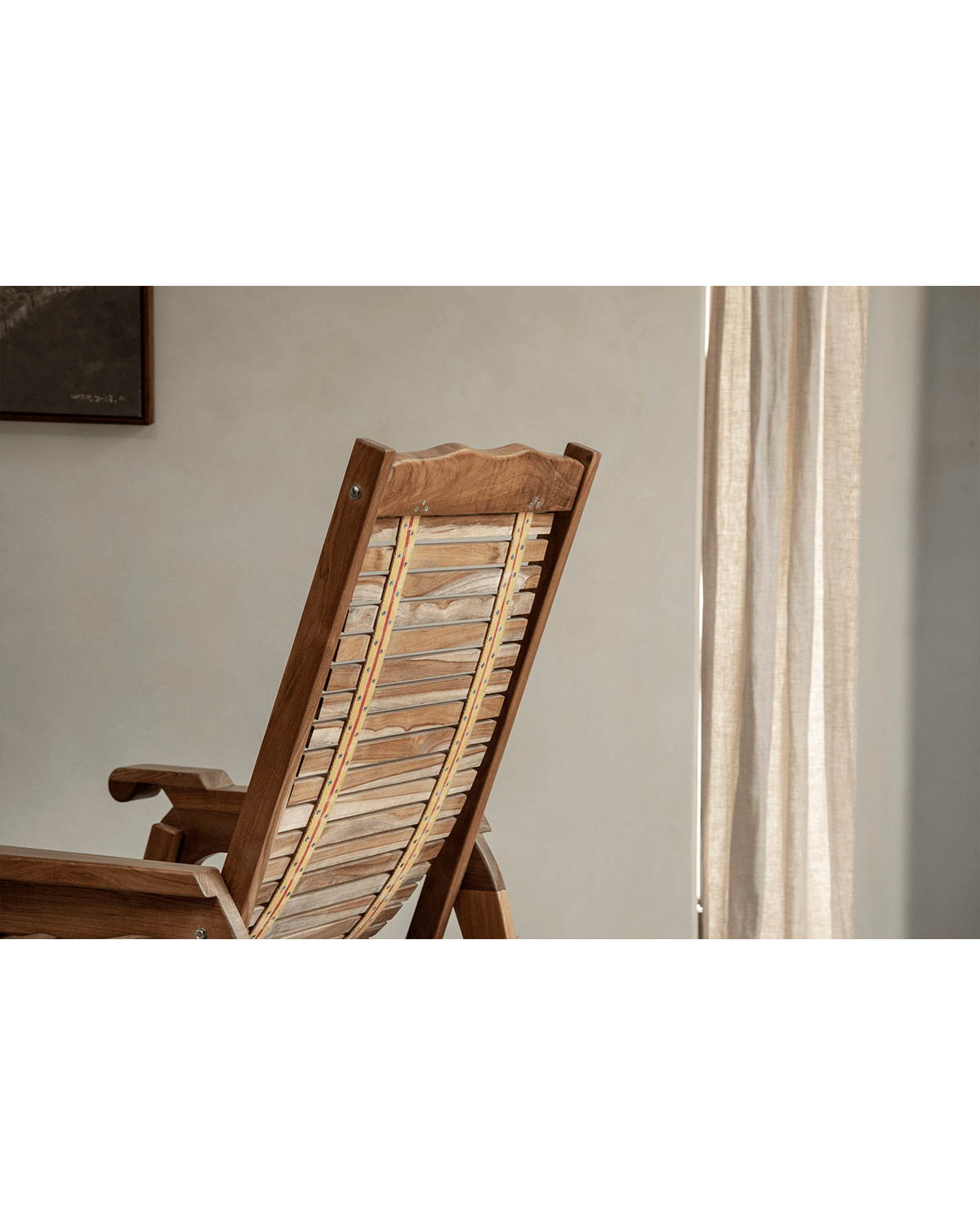 Teak wood Roller Chaise Lounge chair back detail; perfect for indoor relaxation and full-body support
