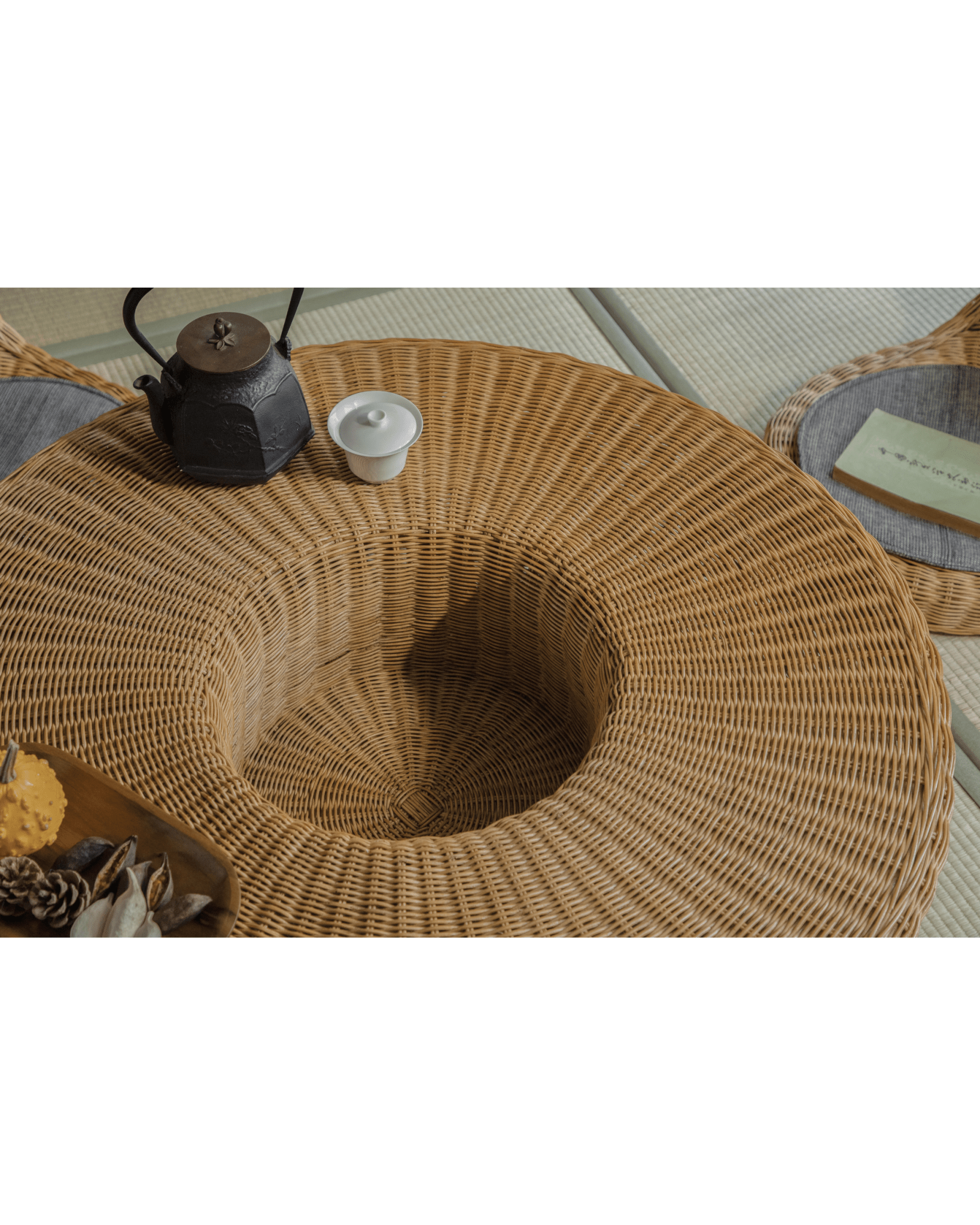 ZM Home Nest Coffee Table with woven rattan design, a stylish centerpiece. Features sunken storage.