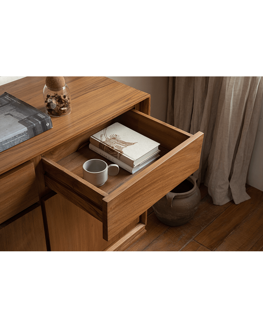 NO.44 Teak Sideboard drawer detail showing storage with books and cup, solid teak wood buffet
