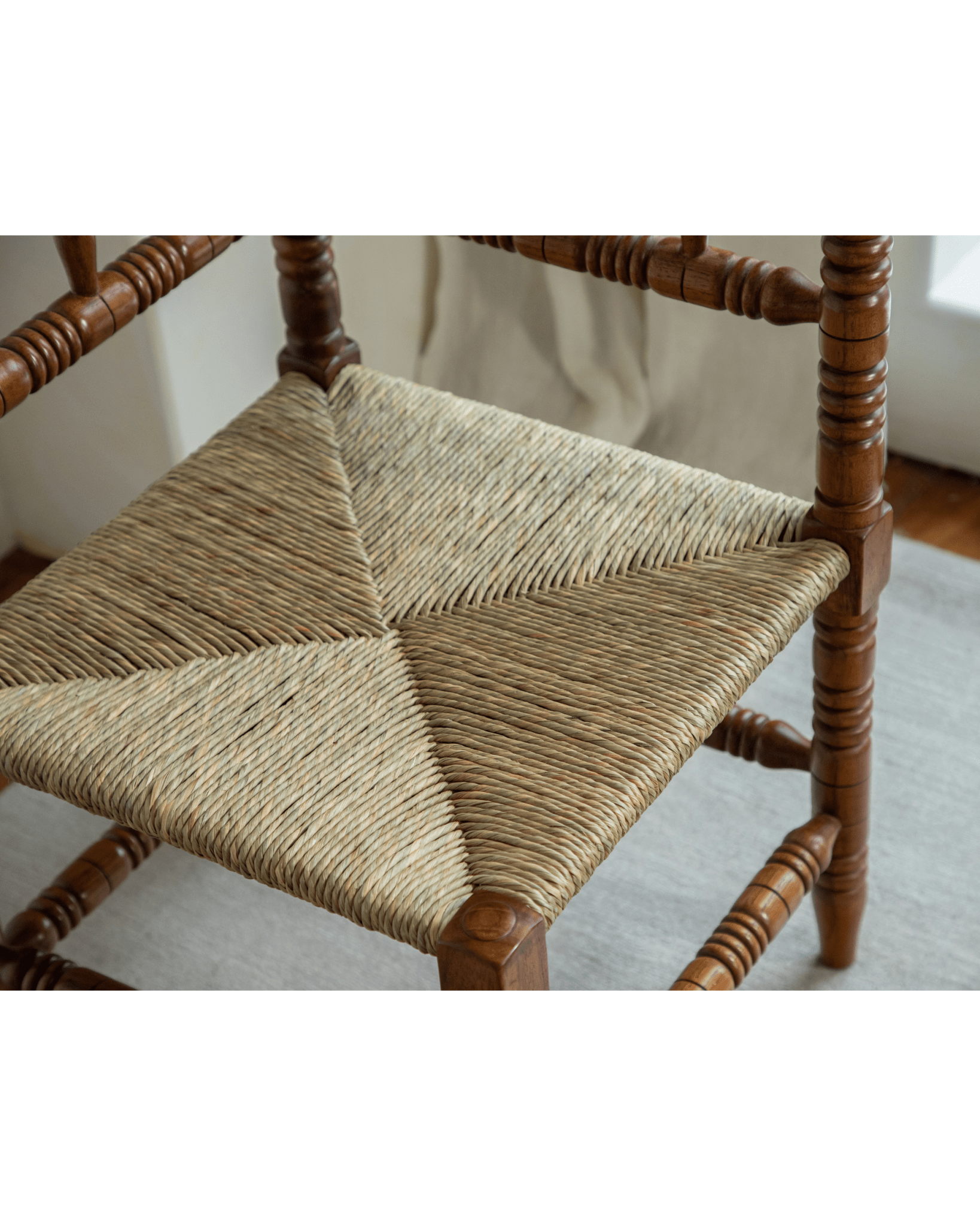 Bobbin Corner Chair - French Vintage style with woven grass rope seat and Indonesian Teak frame