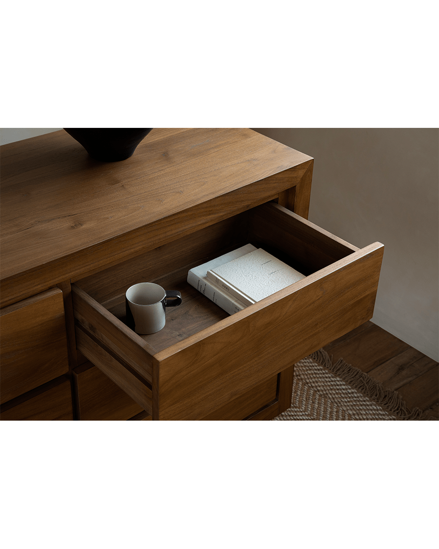 Palette Teak Sideboard with open drawer showcasing solid teak wood and ample storage design