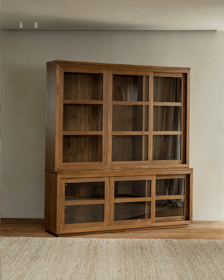 Teak wood Glass Front Bookcase with sliding glass doors, ideal for storage and display