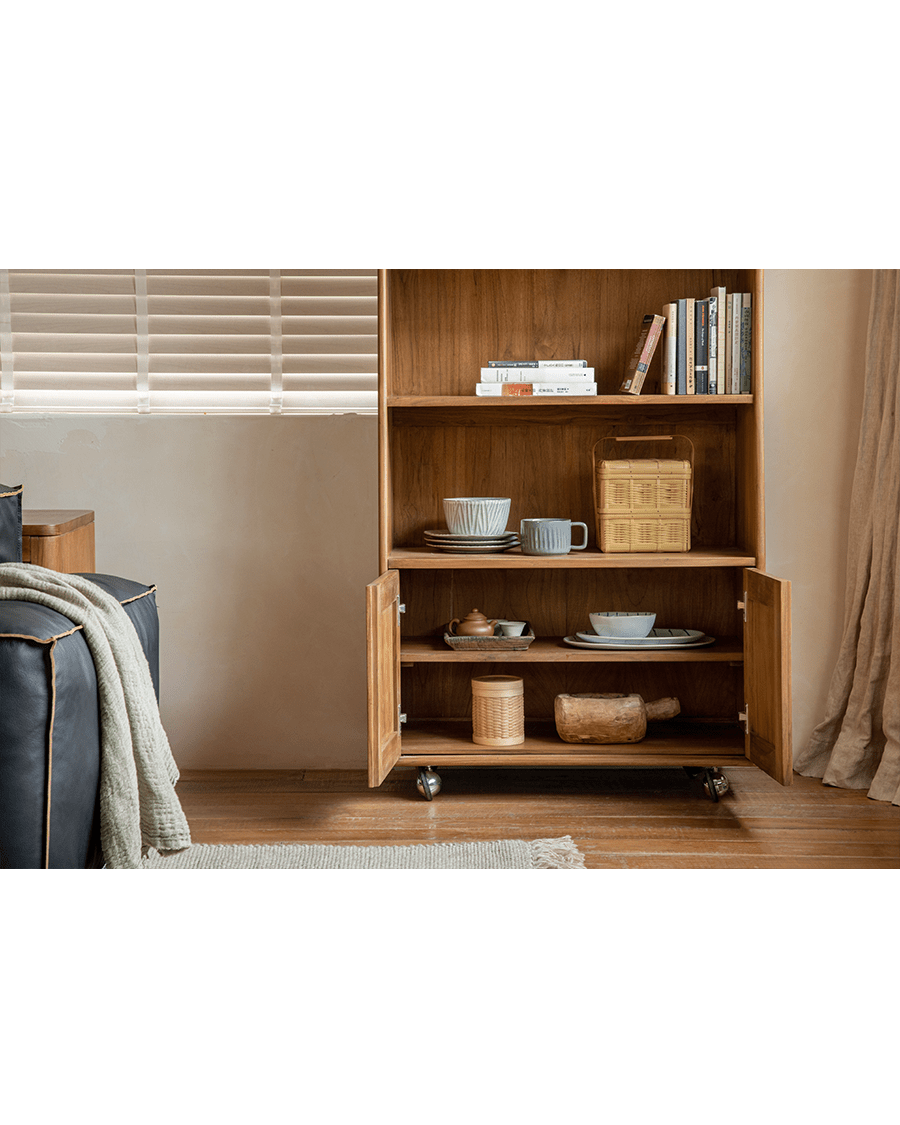 Teak Lidi Display Cabinet with open and enclosed storage, adjustable shelves, and universal wheels