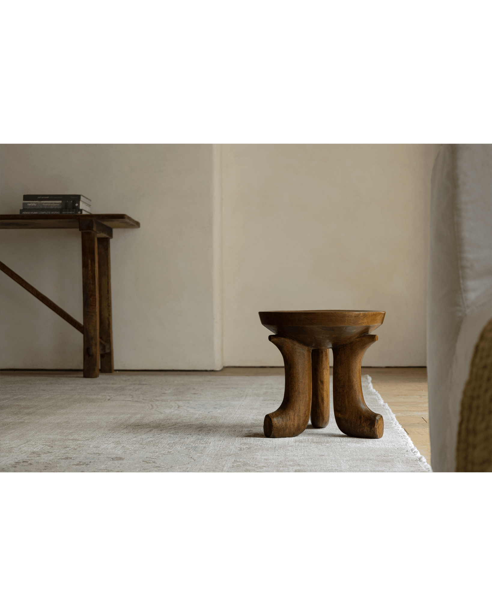 Quincy Stool - Modern wooden stool with three legs, natural finish, home decor.