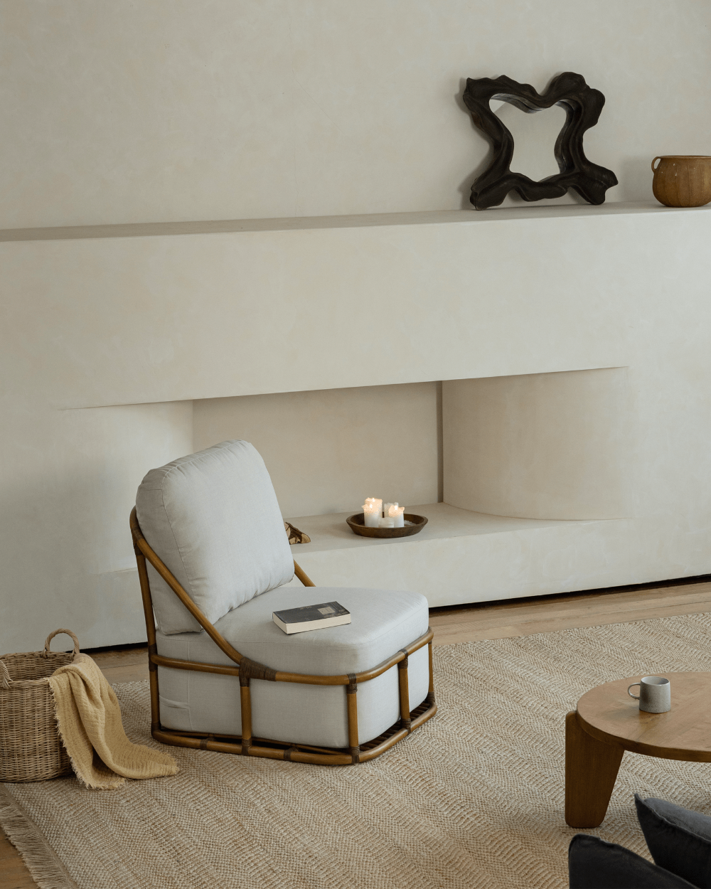 Tofu Lounge Sofa: Rattan frame and light gray cushion. Promoting comfortable and relaxed seating.