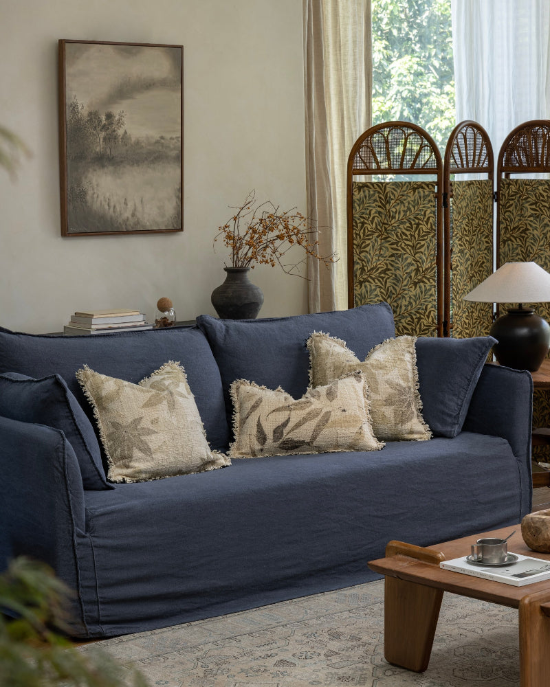 Verda Pillow: Hand-crocheted cotton cushion with plant print & frayed edges.