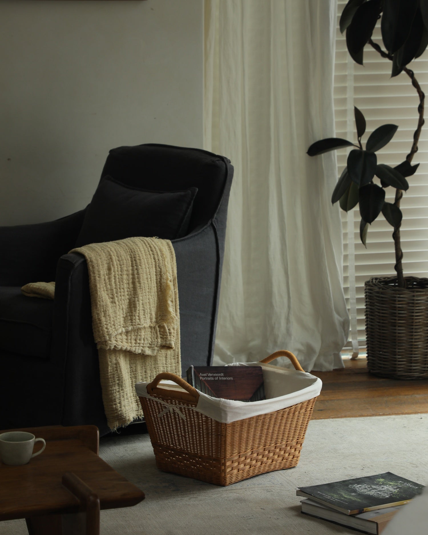 Hilda handwoven rattan storage basket with cotton lining and wood handles, perfect for living rooms or studies.
