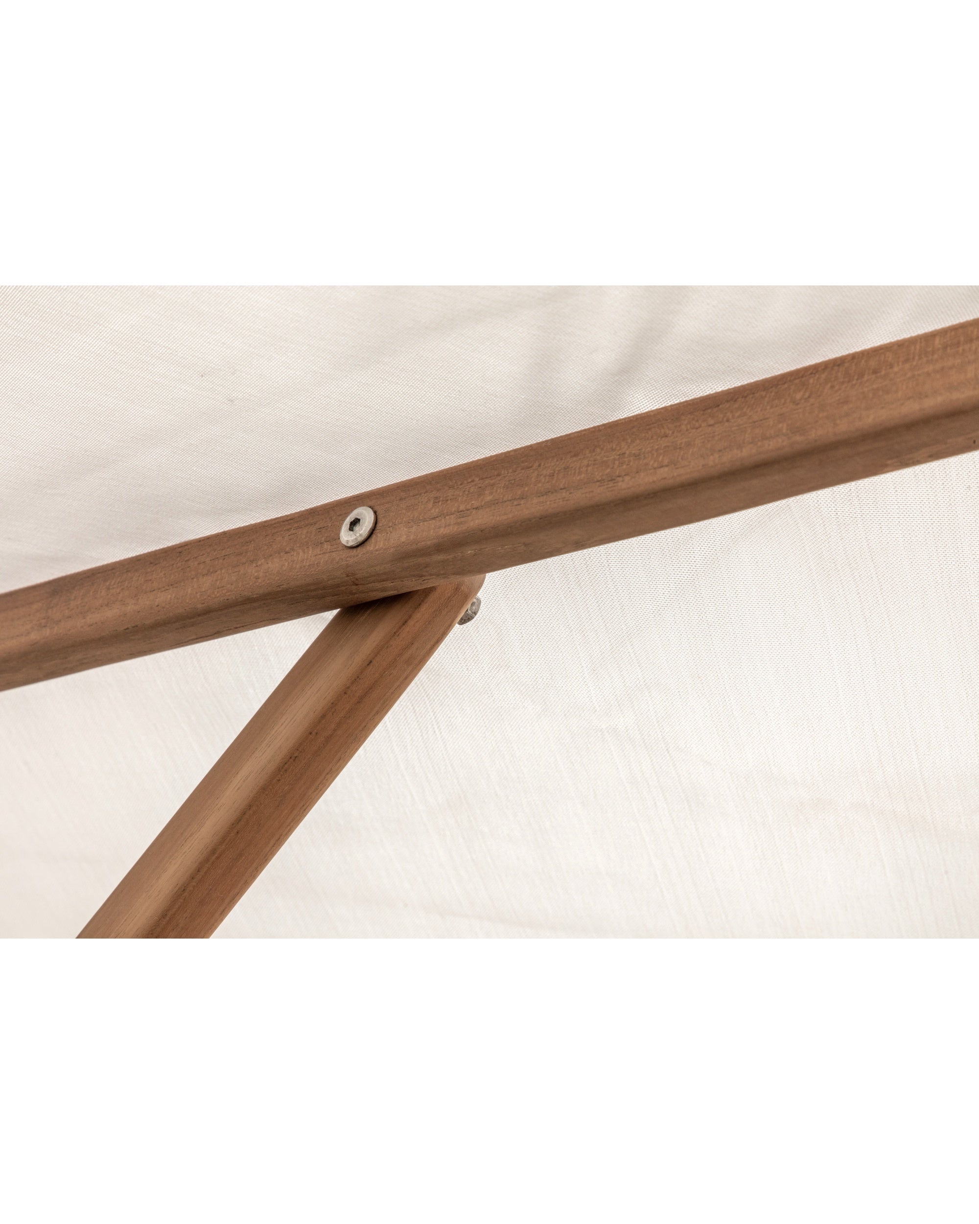 Solid teak wood umbrella frame detail with white acrylic canopy fabric