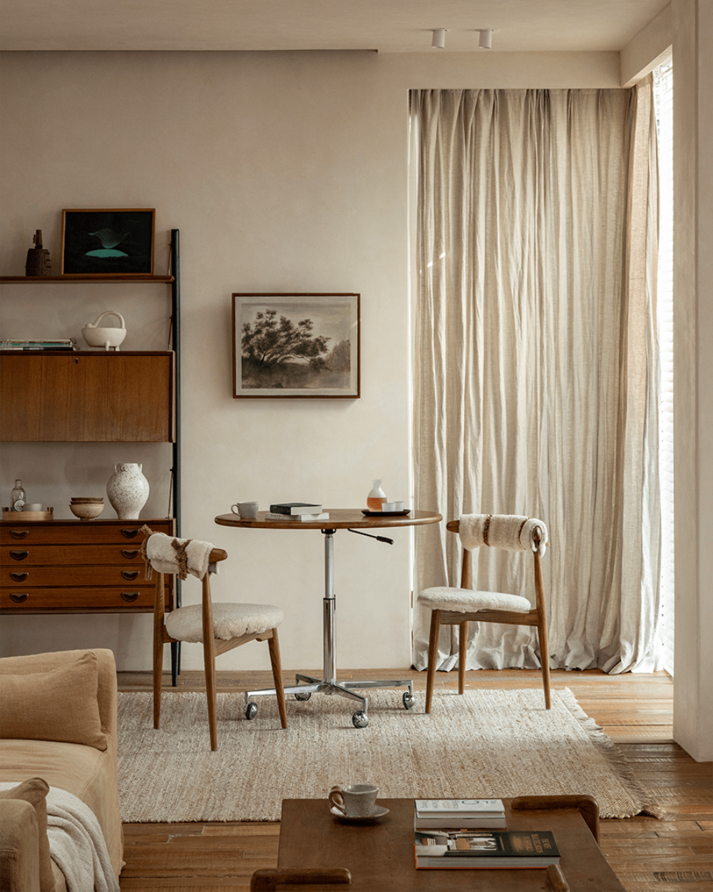 Heart Dining Chair in Danish design, shearling fabric and oak wood, modern interior with vintage decor.