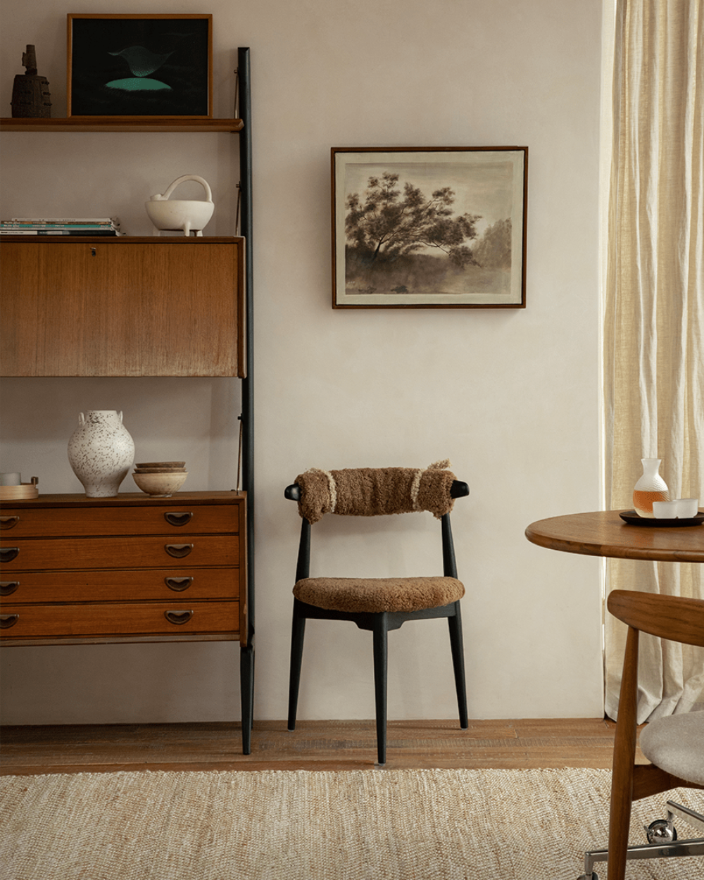 Heart Dining Chair with shearling fabric in vintage interior with Danish design