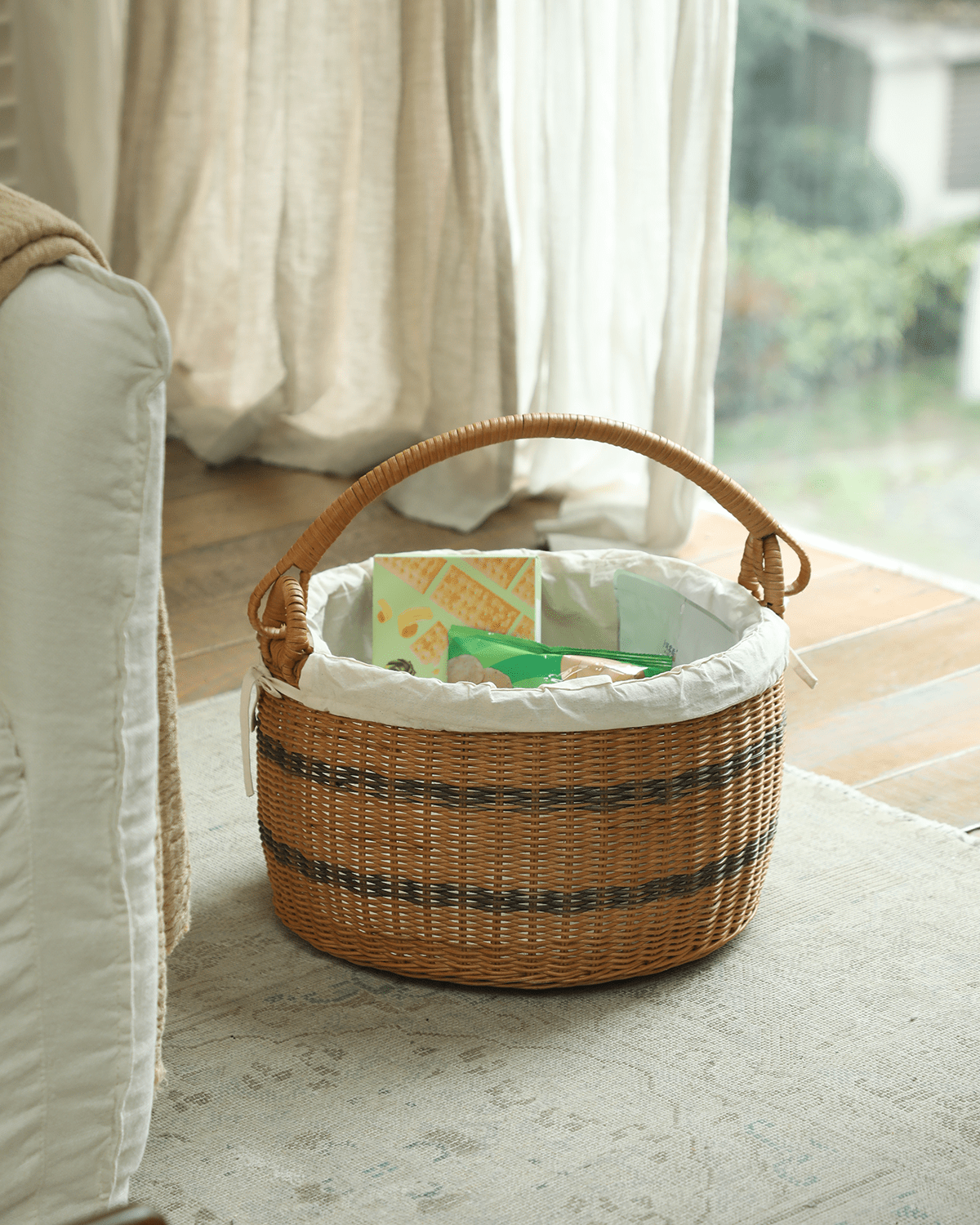 Sunday Picnic Bucket: Handwoven rattan with cotton liner and handle.